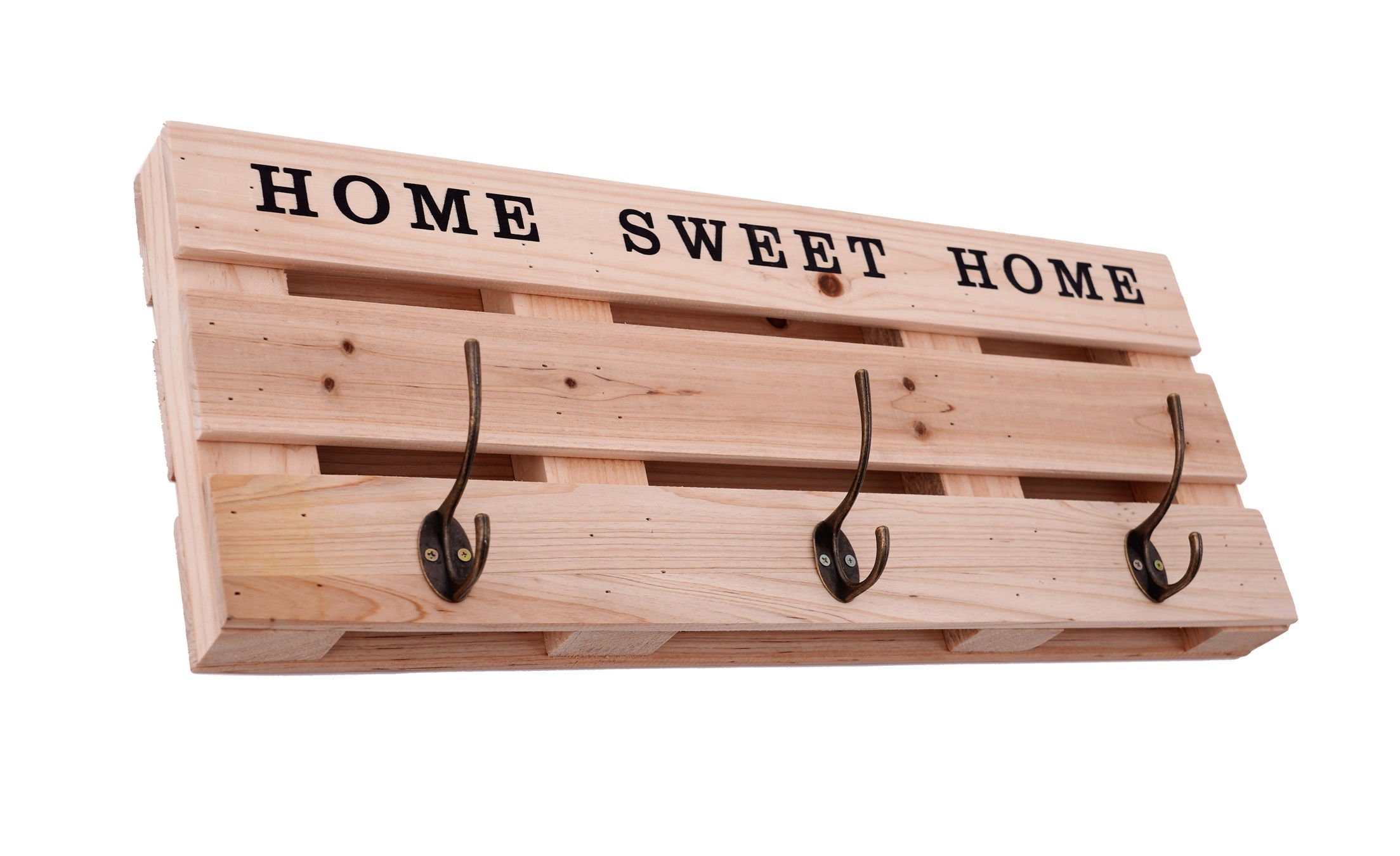 Spetebo Garderobenleiste Paletten Wandgarderobe Home Sweet Home - 59x23 cm (Stück, 1 St., Holzgarderobe), Holz Garderobe mit 3 Kleiderhaken