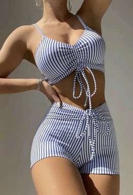 HOTDUCK Balconette-Bikini Geteilte gestreifte Halfter Kordelzug Modell Bikini Badeanzug Frauen