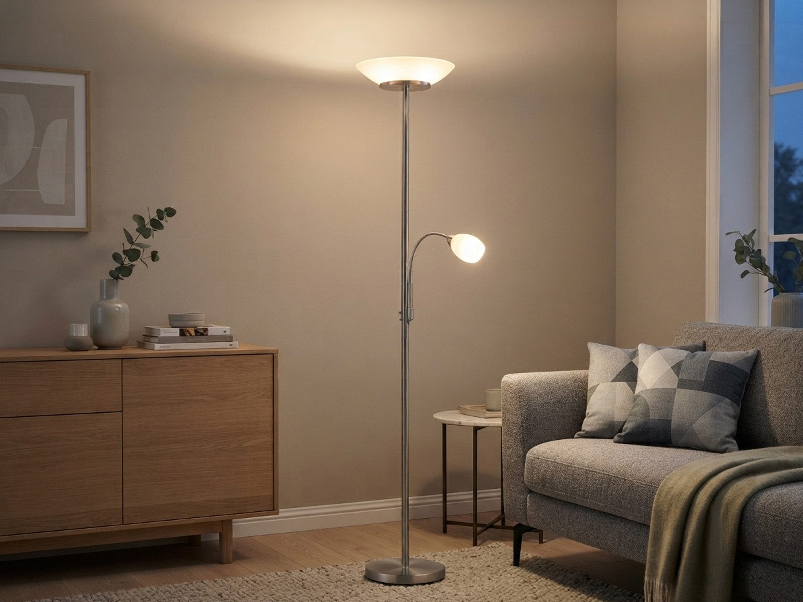 Reality Leuchten LED Deckenfluter mit Leselampe & Glasschirm, Höhe 180cm, LED wechselbar, Warmweiß, große Stehlampe, Wohnzimmer Lampe stehend zum Lesen mit Leselicht