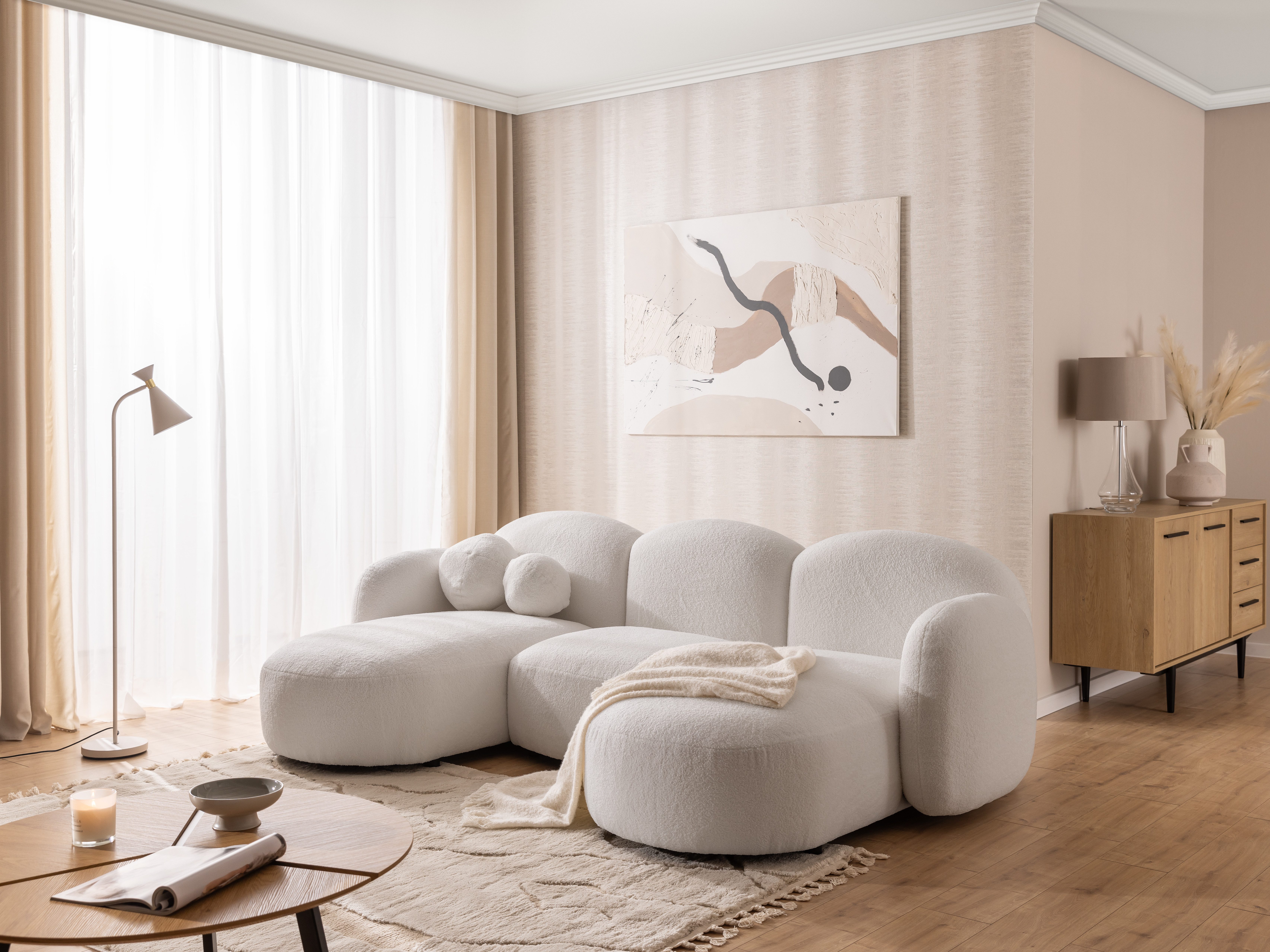 S-Style Möbel Wohnlandschaft Nuvola aus Bouclé mit abgerundetem Design und hohem Sitzkomfort, mit Wellenfederung