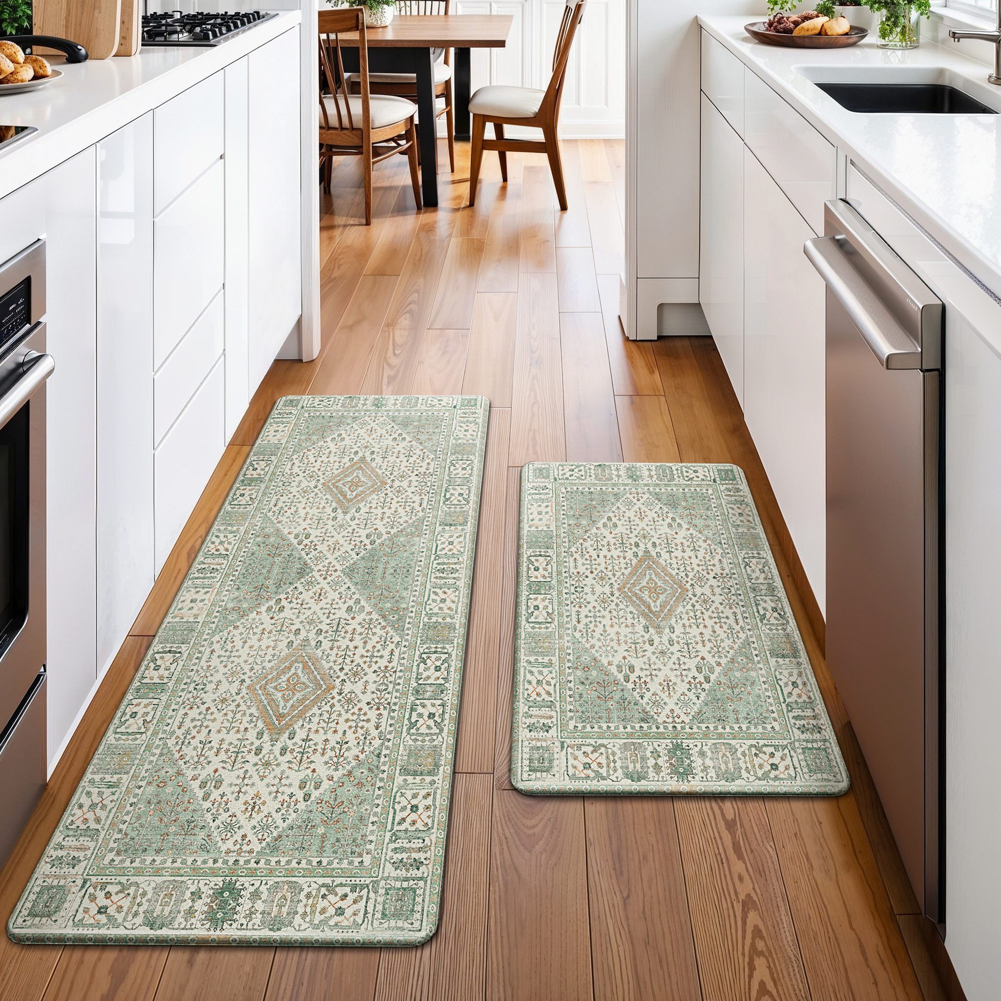 GENIMO Teppich 2er Set PVC NO-Pile Küchenteppich, Ermüdungsmindernde Küchenläufer, rechteckig, 43x119cm&43x76cm, grün