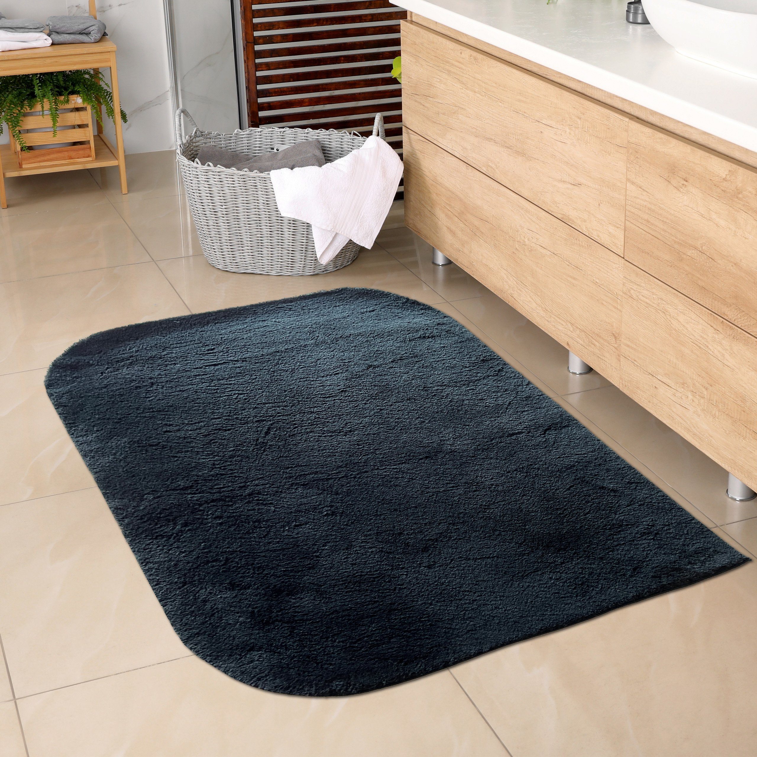 Teppich Badezimmer Teppich mit abgerundeten Ecken, waschbar, schwarz, Carpetia, rechteckig, Höhe: 16 mm | Kurzflor-Teppiche