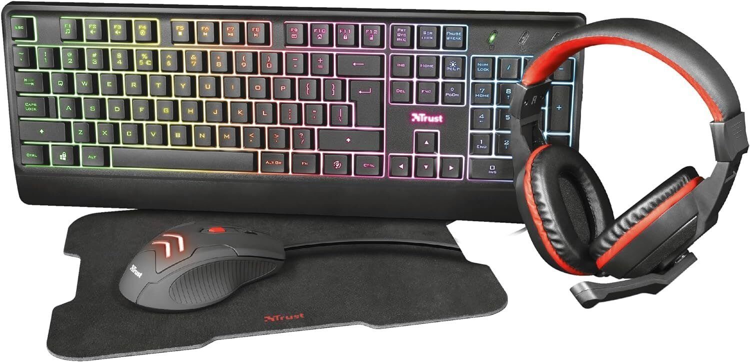 Trust Ziva 4in1 Gaming Kabelgebunden Tastatur Maus Kopfhörer Set DE QWERTZ Tastatur-, Maus- und Mauspad-Set, Beleuchtet, Plug & Play, 4-in-1-Gaming-Bundle, 3000DPI