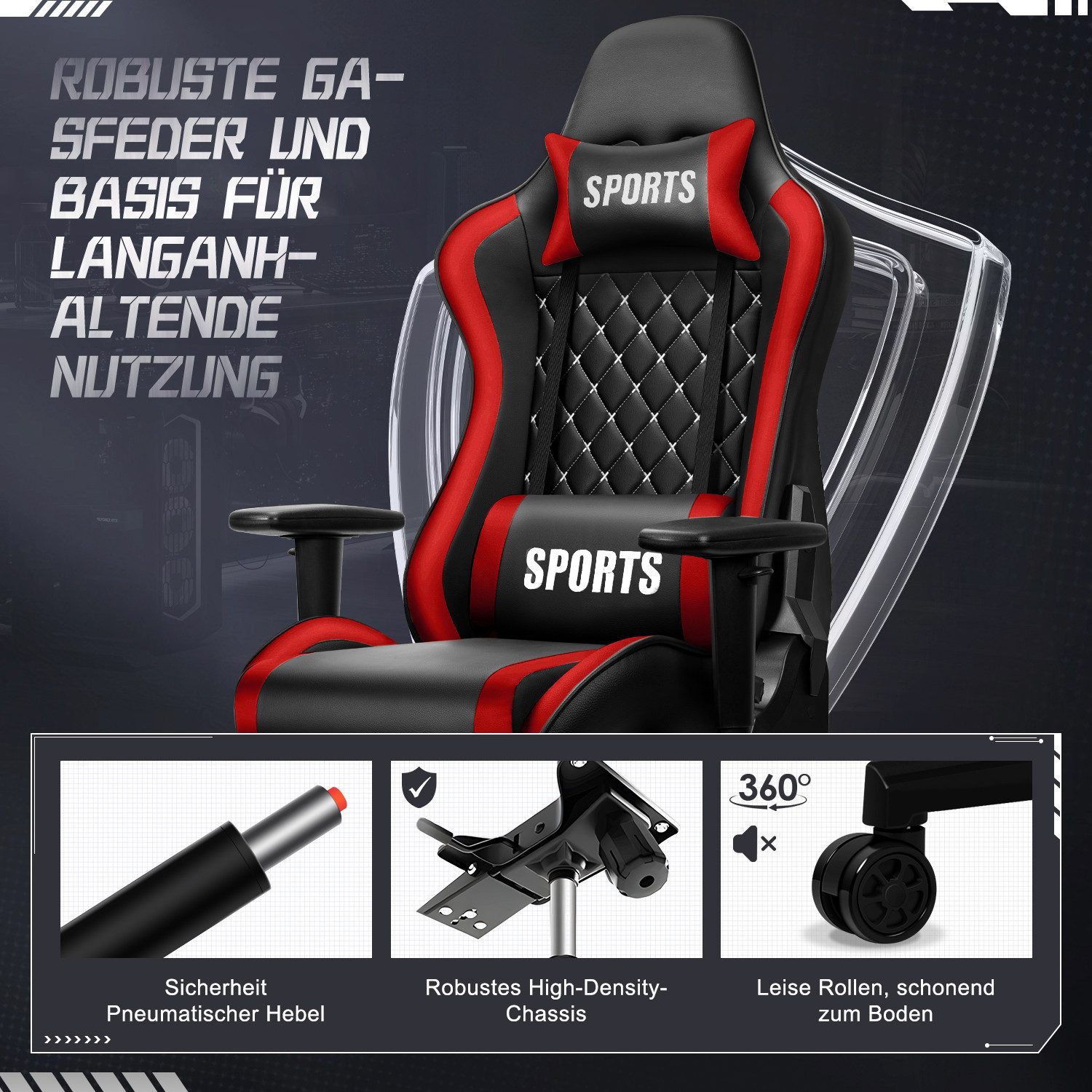 Adormii Gaming-Stuhl Gaming stuhl mit verstellbaren Armlehnen, ergonomisch gaming chair (90°–170° neigbar und arretierbar, gamingstuhl mit gepolsterter Kopfstüt – Bild 5 von 5