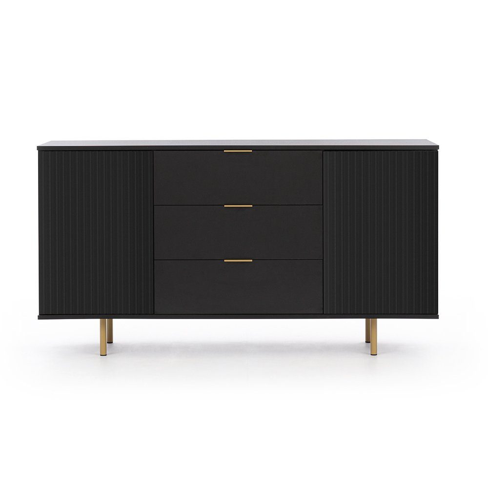 Lomadox Wohnzimmer-Set NADOR-132, (Mega-Spar-Set, 2-St., Lowboard Sideboard), matt schwarz, goldfarbenen Metallgriffen und -füßen, Front Rillenoptik