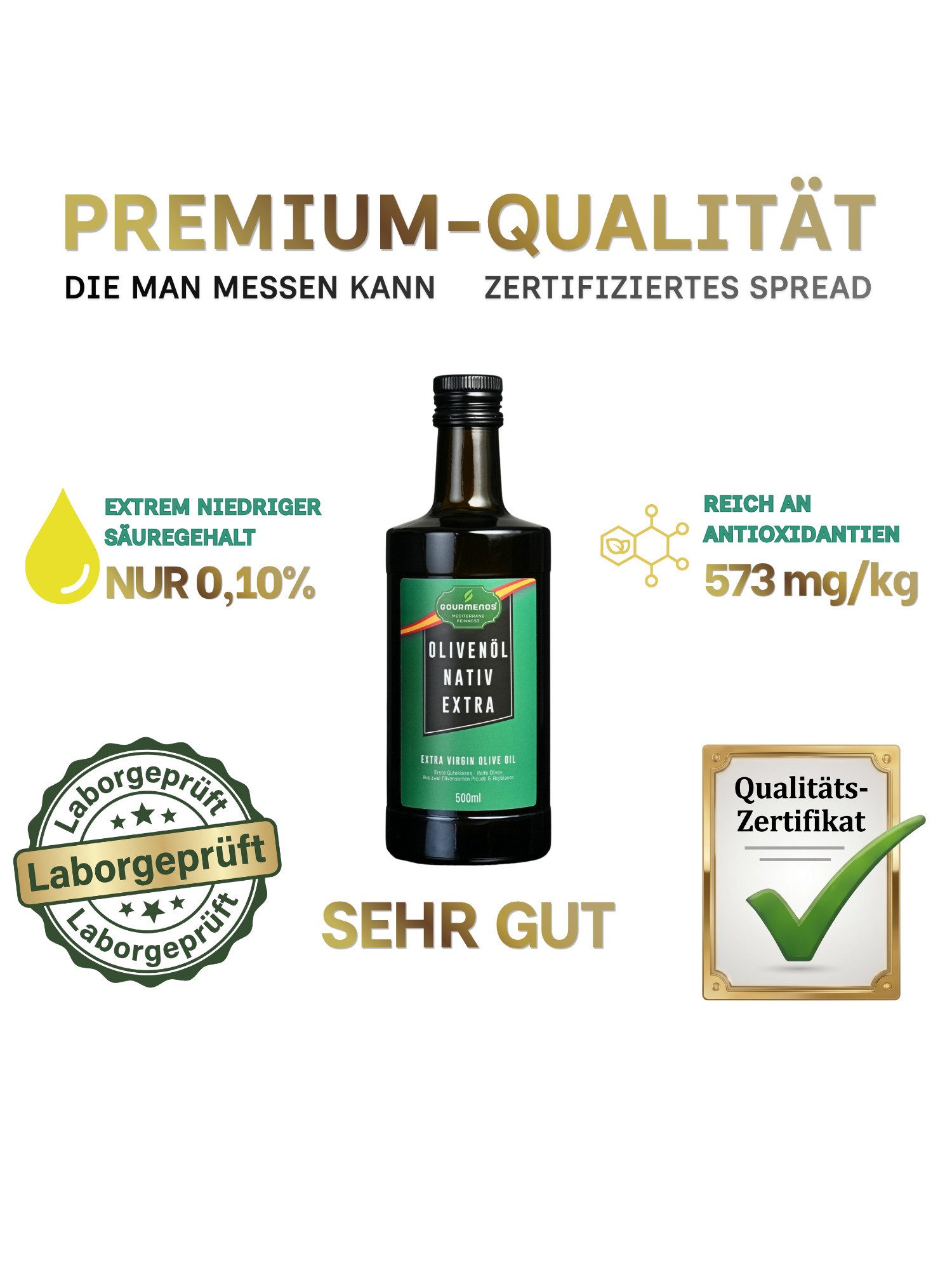 Gourmenos Speiseöl Natives Olivenöl Extra aus Granada, kaltgepresst, 1 x 0,5 l, 500 ml, 1 St., Kaltgepresst, nativ extra, aus Picudo- und Hojiblanca-Oliven – Bild 4 von 5