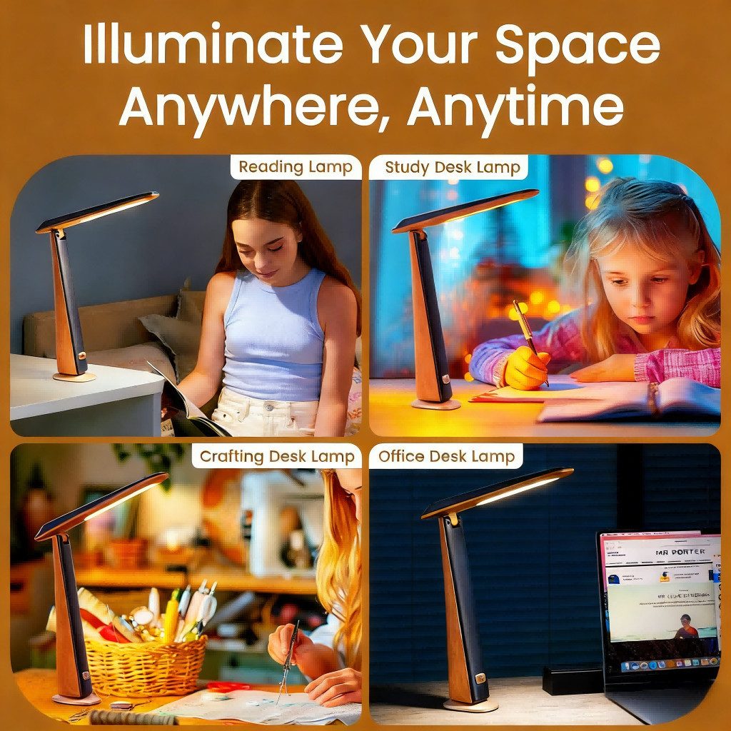 Toomoke LED Schreibtischlampe USB-ladbare kabellose faltbare augenfreundliche Schreibtischlampe, Drei Farbtemperaturen, stufenloses Dimmen Tragbare Leseleuchte