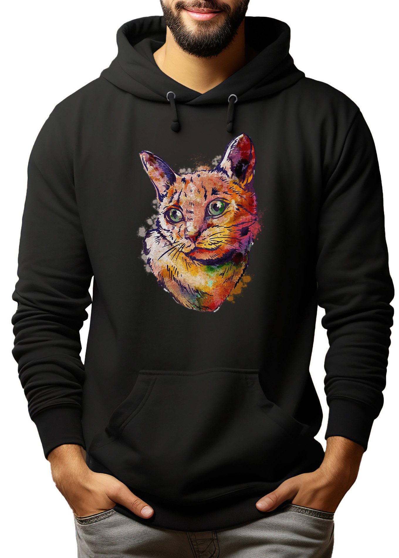 MyDesign24 Hoodie Katzen Kapuzen Pulli - Katze in Ölfarbenoptik Herren und Damen Kapuzensweater i114
