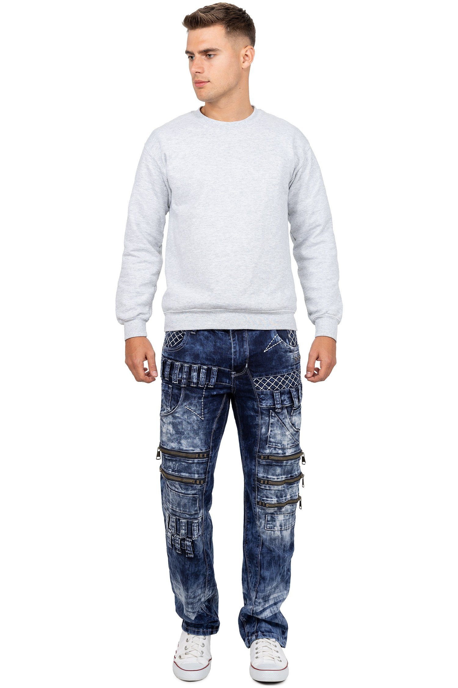 Kosmo Lupo 5-Pocket-Jeans Herren Regular Fit Hose Stonewashed KM8006 (1-tlg) Auffälliges Design mit kontrastierenden weißen Nähten – Bild 5 von 5