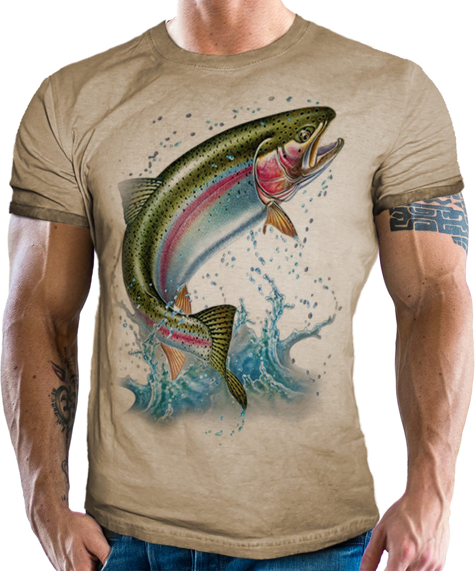 T-Shirt für Angler und Fischer im angesagten used Look: Forelle
