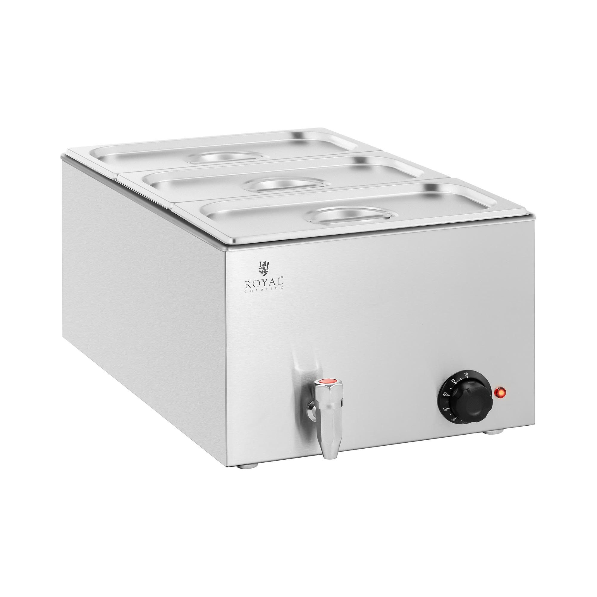 Royal Catering Speisenwärmer Bain Marie 600 W 3 x GN 1/3 Ablasshahn Deckel Warmhaltebehälter