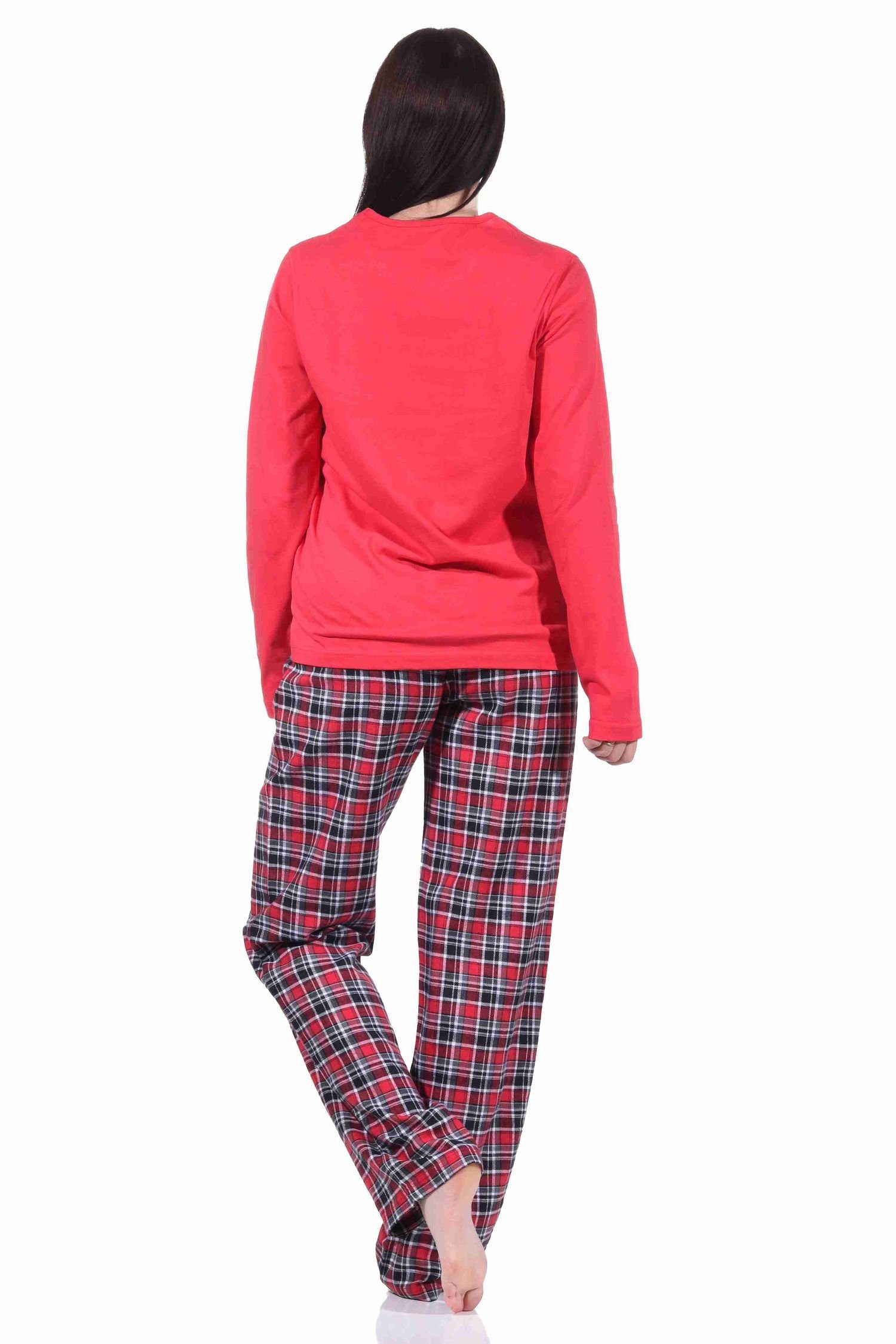 Schlafanzug Jersey Flanell mit Damen Oberteil und rot Hose Flanell Normann Pyjama lang