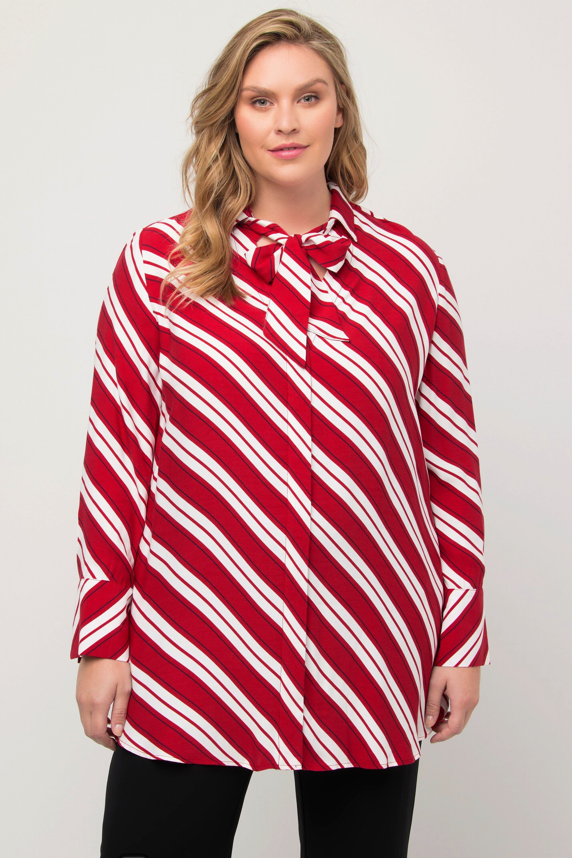 Hemdbluse Longbluse Streifen A-Linie Hemdkragen Langarm