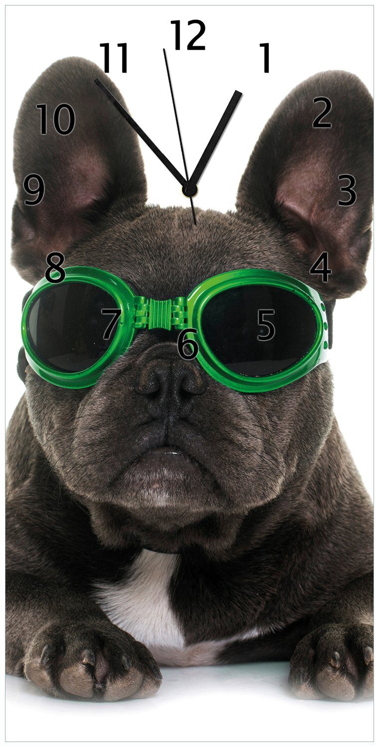 - Sonnenbrille Hund grün Wanduhr in Cooler Wallario (Glasuhr) Französische mit Bulldogge