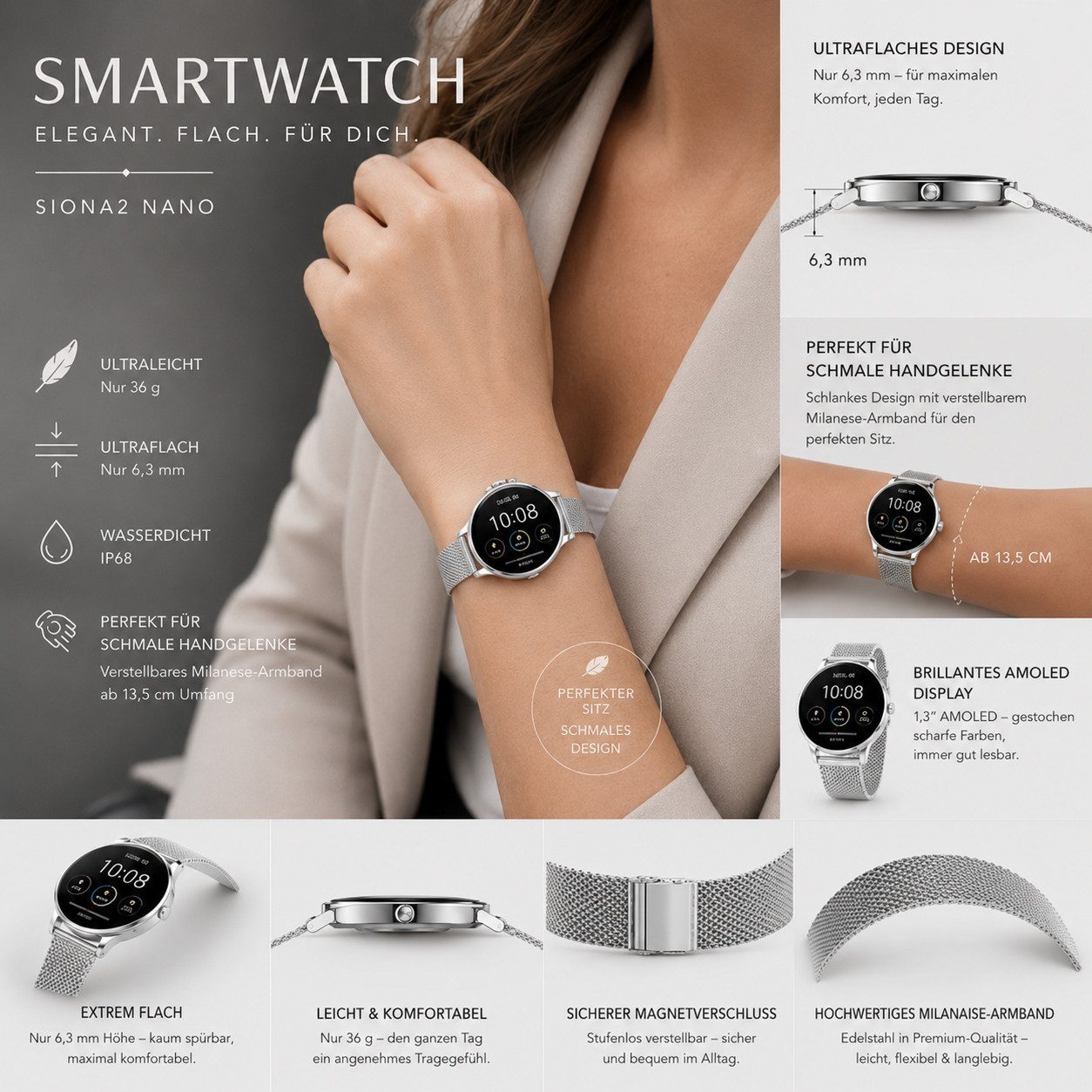 XCOAST SIONA 2 NANO - ultra kleine Damen Smartwatch (3,7 cm/1,19 Zoll, iOS und Android) Filigran, Frauen Armbanduhr, Fitnesstracker, 1-tlg., Fitness Tracker, Da – Bild 5 von 5