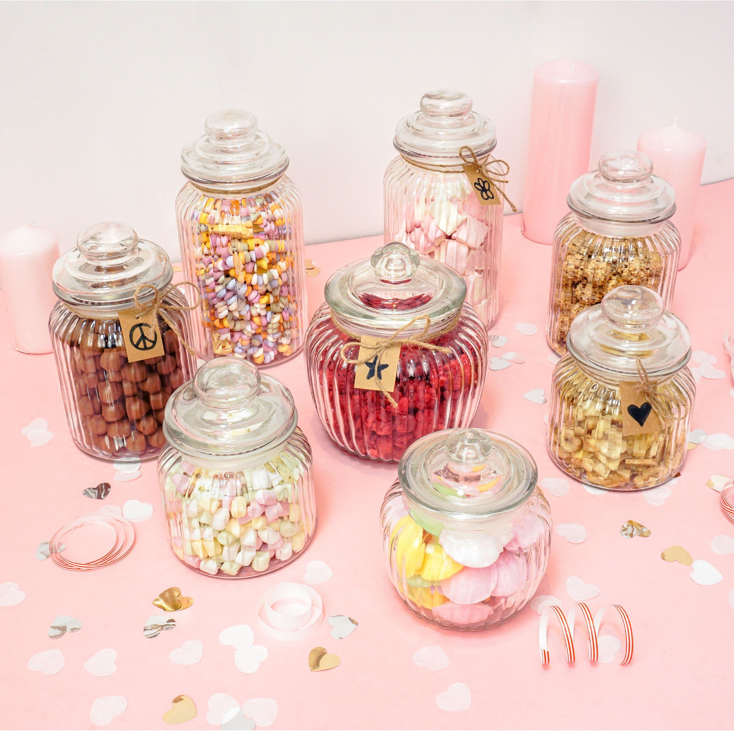 Deckel (Set, 6-tlg), Kekse, - Süßigkeiten - Groß Für Luftdicht Mit Bar Praknu Candy - 6er 1L, Glas, Etiketten mit Gläser Bonbonglas Set Vorratsglas