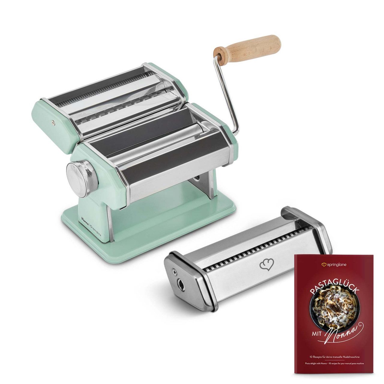 Springlane Nudelmaschine - Manuelle Nudelmaschine aus Edelstahl inkl. Linguine Aufsatz, Rezeptbuch, Nudeltrockner & 3 Schneideaufsätze, 9 Teigdicke-Stufen