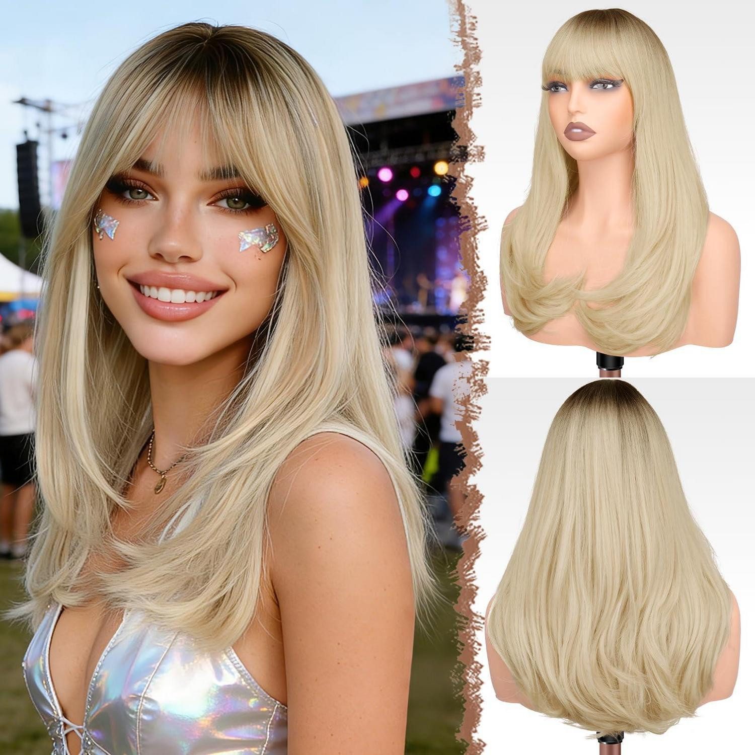 LuxusKollektion Kunsthaarperücke Perücke Lang Damen Pony Kunsthaar 45cm Cosplay Ombre Blond