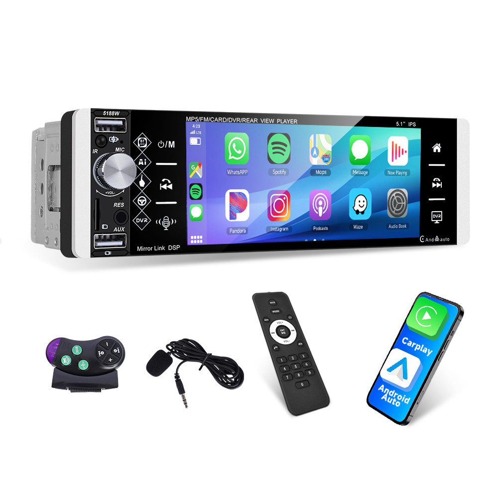 Hikity 1 Din 5.1'' HD Touchscreen Universal Mp5 mit drahtlosem carplay/auto Autoradio (FM/AM/RDS-Radio, Buletooth)