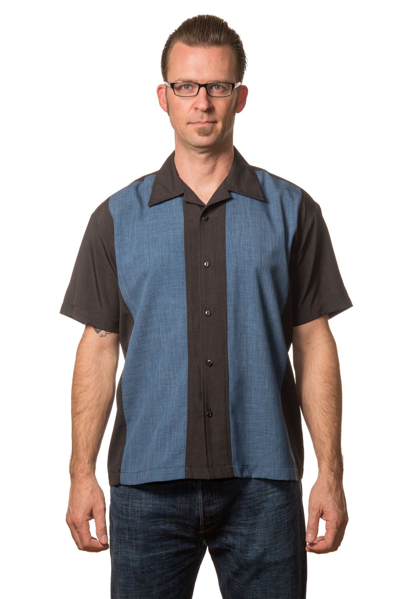 Steady Clothing Kurzarmhemd Pop Check Double Panel Blau Retro Vintage Bowling Shirt