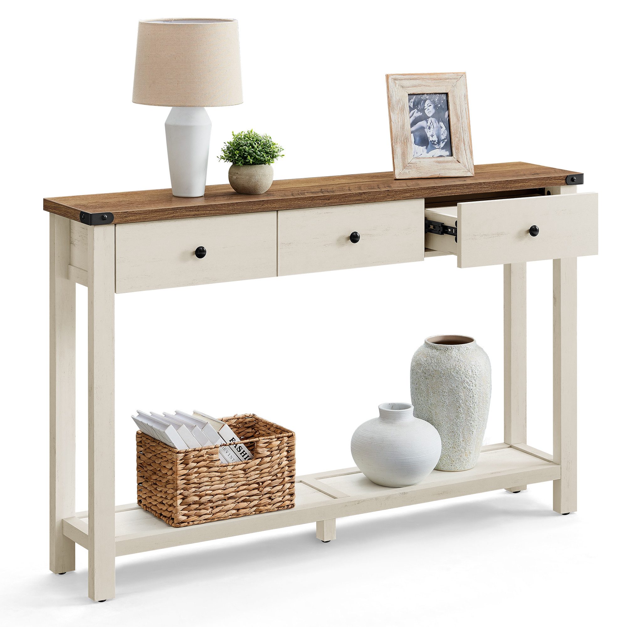 Konsolentisch Mit 4 Schubladen - Schmaler Beistelltisch Aus Massivholz Mango 110cm