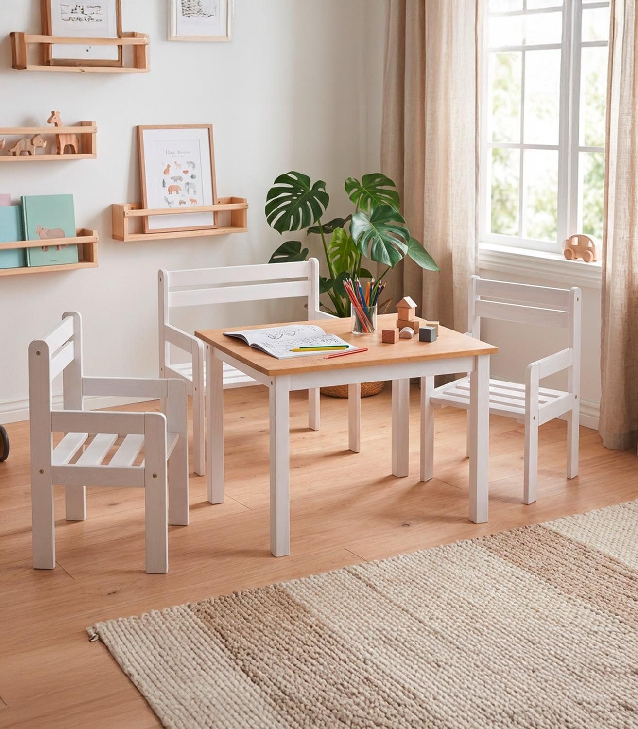 Home4You Kindersitzgruppe, Kiefernholz massiv, (4-tlg), mit 1 Tisch, 1 Sitz günstig online kaufen