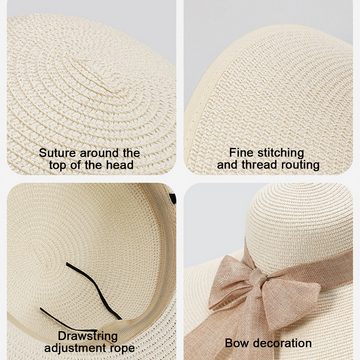 Rnemitery Strohhut Damen UV-Schutz Strohhut mit Breite Krempe Faltbar Bowknot Sonnenhut