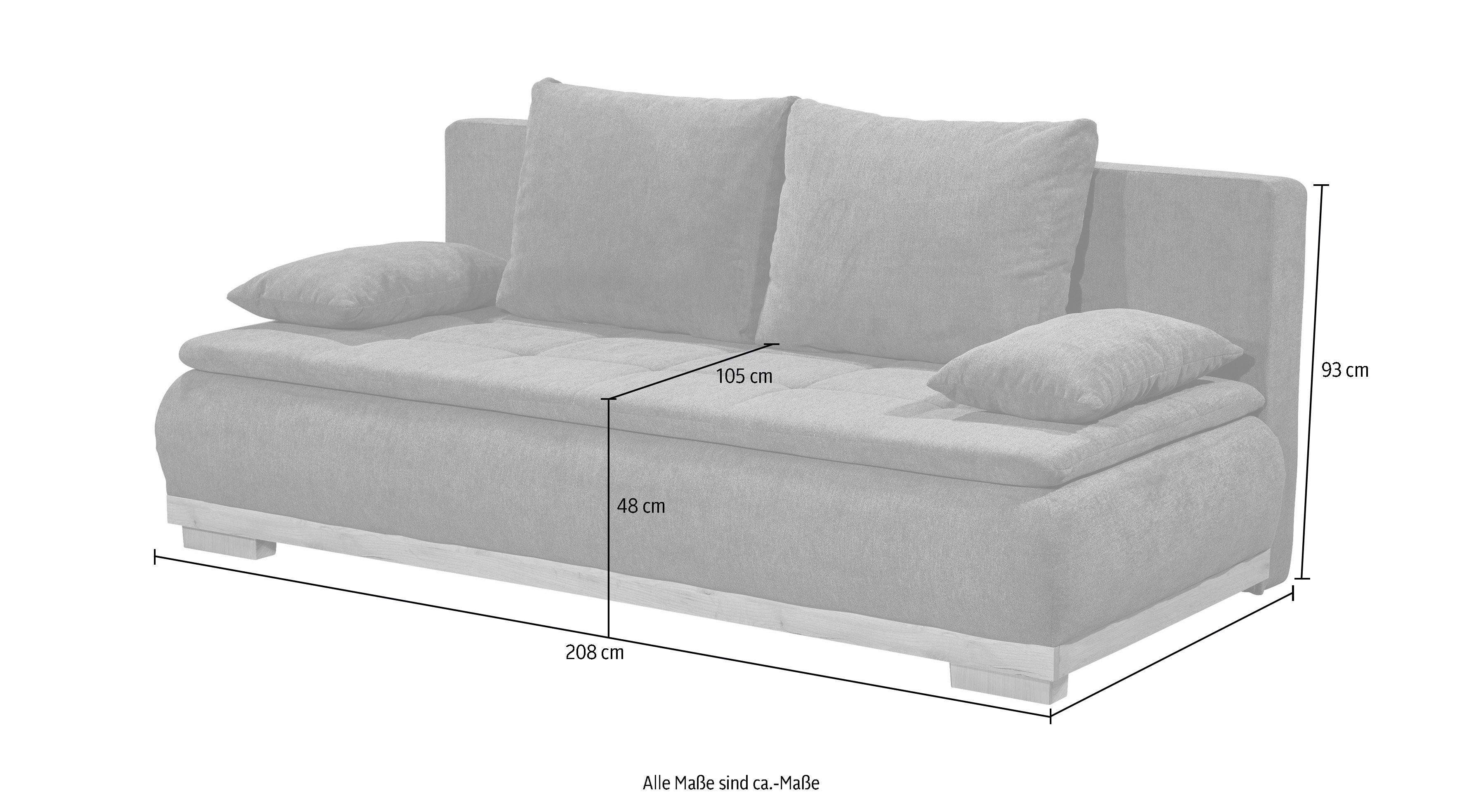 sowie Armlehnkissen und und braun Bettfunktion Mila, ED Bettkasten, mit DESIGN Rücken- Schlafsofa EXCITING