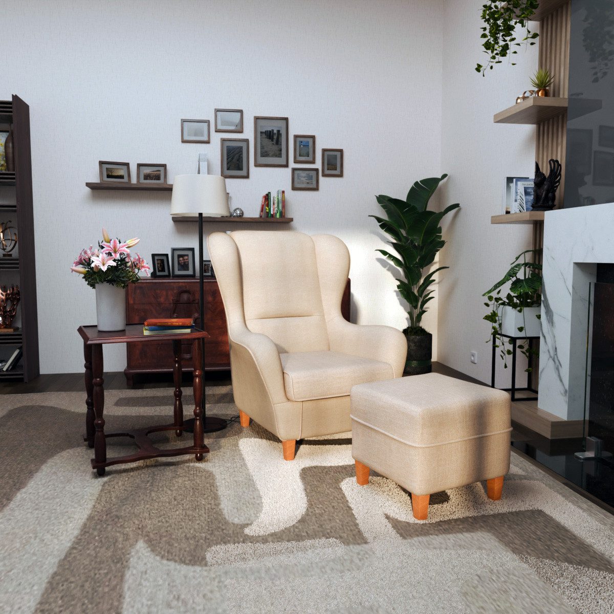 Supellex Ohrensessel Sofia Relaxsessel mit Hocker – Vienna Creme