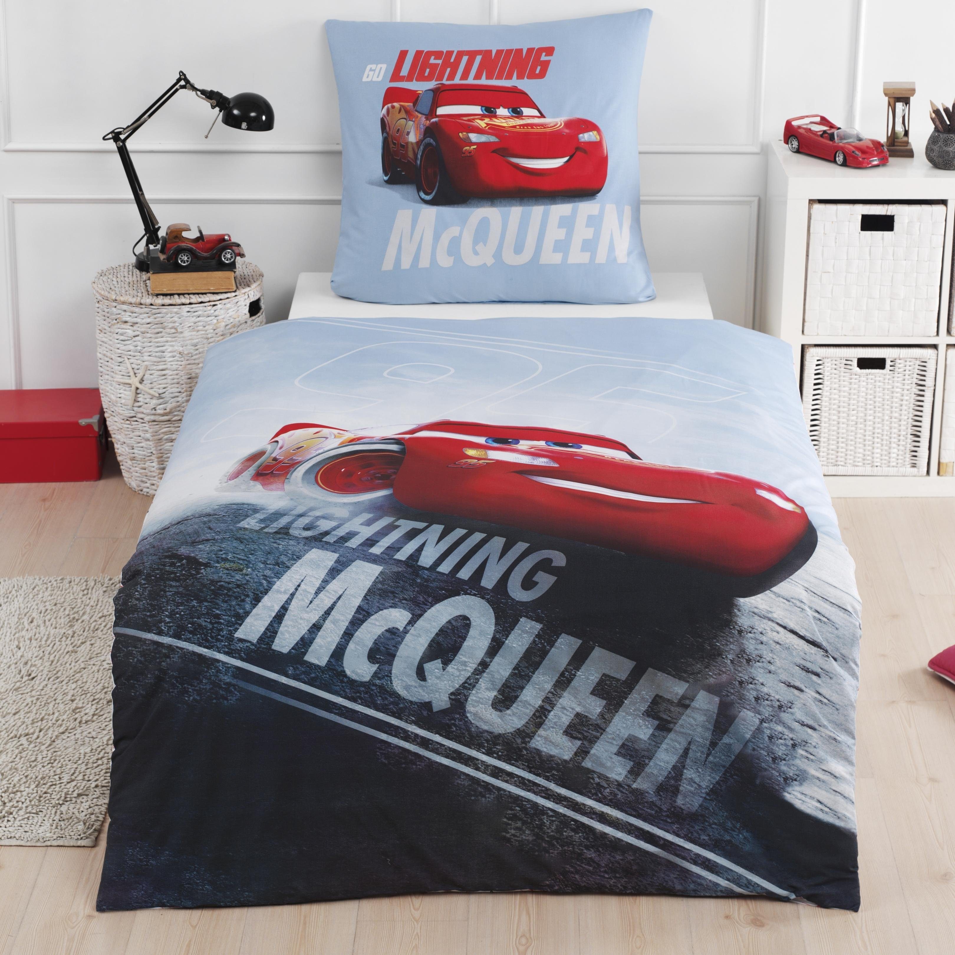 Bettwäsche Cars 135x200 + 80x80 cm, 100 % Baumwolle, MTOnlinehandel, Renforcé, 2 teilig, Jungen Kinderbettwäsche Disney's Cars Auto, Lightning McQueen