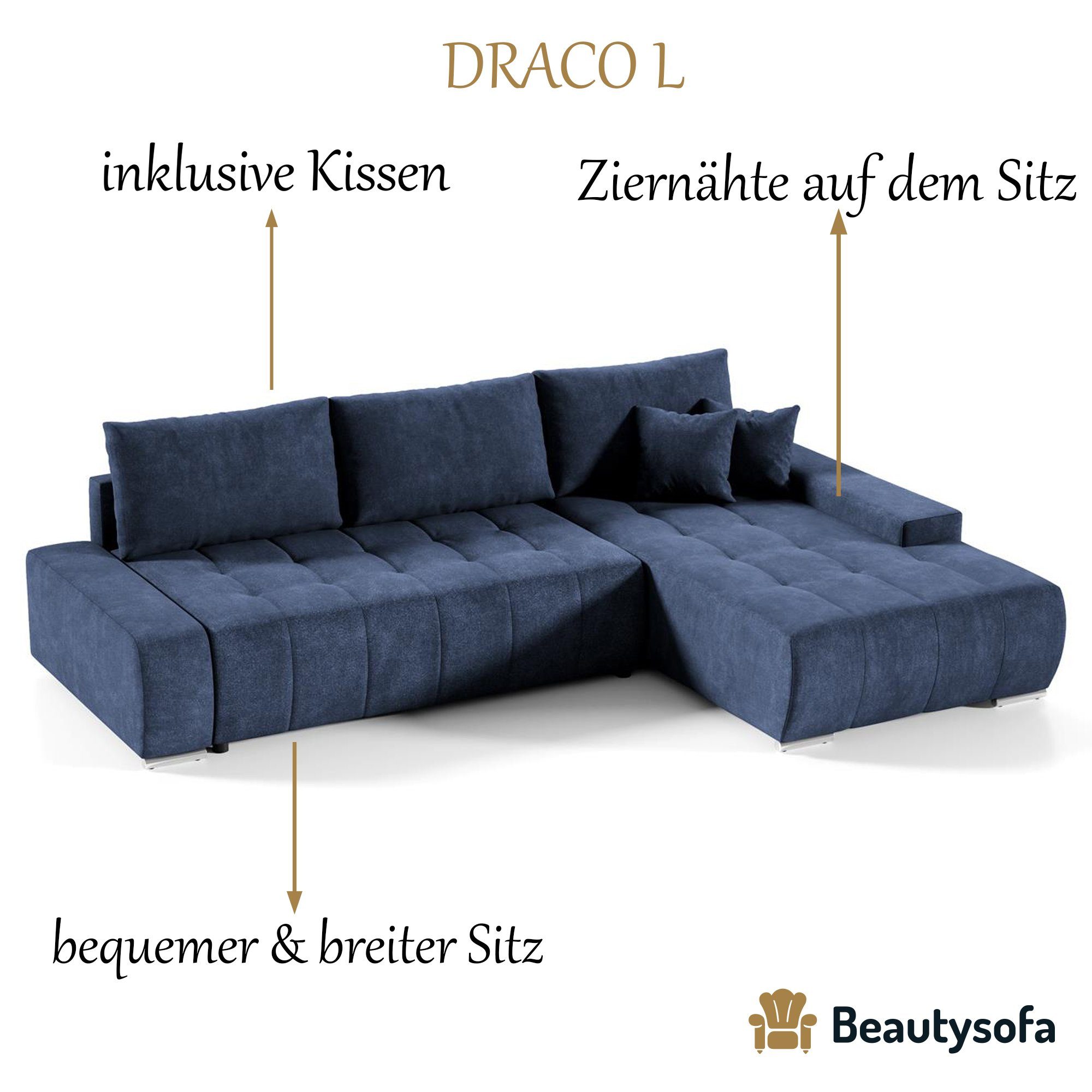 Wohnzimmer Sofa DRACO Couch Dunkelblau Ecksofa 26) mit Schlaffunktion, Beautysofa Ecksofa Bettkasten (aston