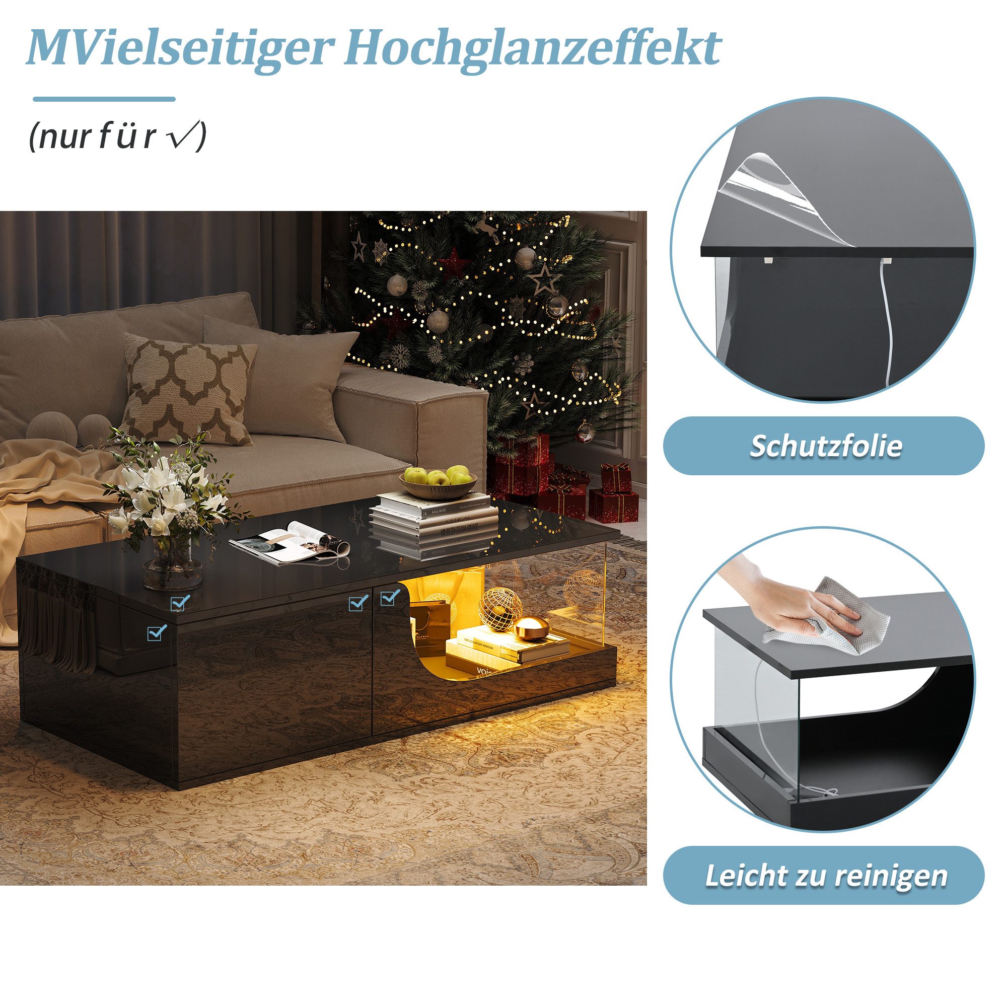 REDOM Couchtisch mit Doppelte Aufbewahrung (Sofatisch, Wohnzimmer, Kaffeetisch, 1-St., gehärtetes Glas), LED-Beleuchtung,App-gesteuerte