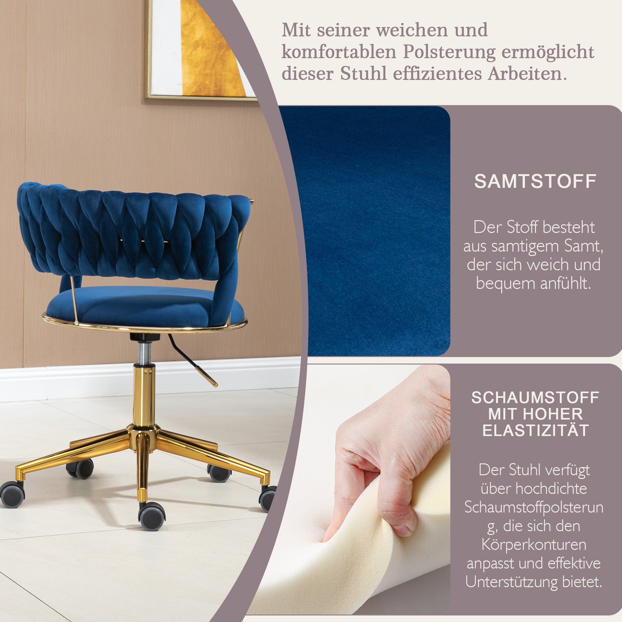 Drehstuhl drehbarer für Büro, Blau Polsterstuhl, Arbeitszimmer Samt Schlafzimmer, 360° REDOM Bürostuhl Stoff-Bürostuhl (1 St), Bürostuhl