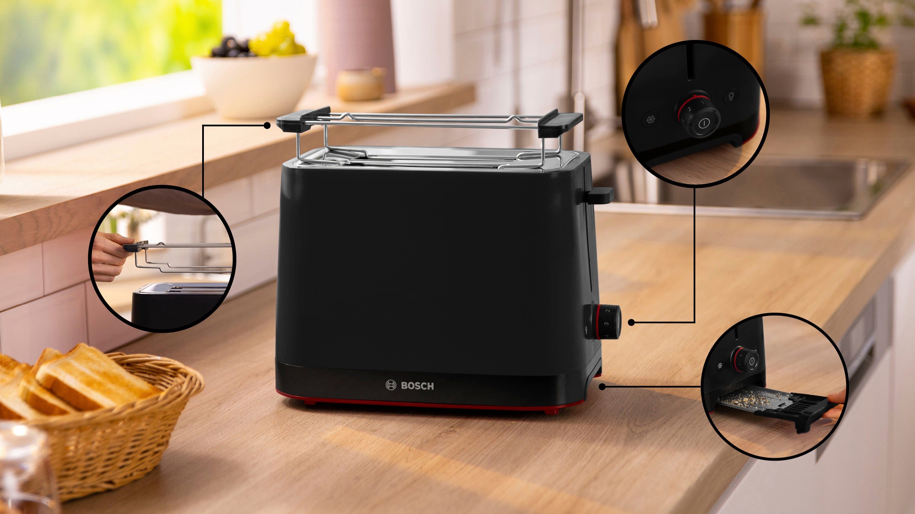 BOSCH Toaster MyMoment TAT3M123, 2 Schlitze, für 2 Scheiben, 950 W, entnehmbarer Brötchenaufsatz, Auftaufunktion, Brotzentrierung, AutoOff – Bild 2 von 5