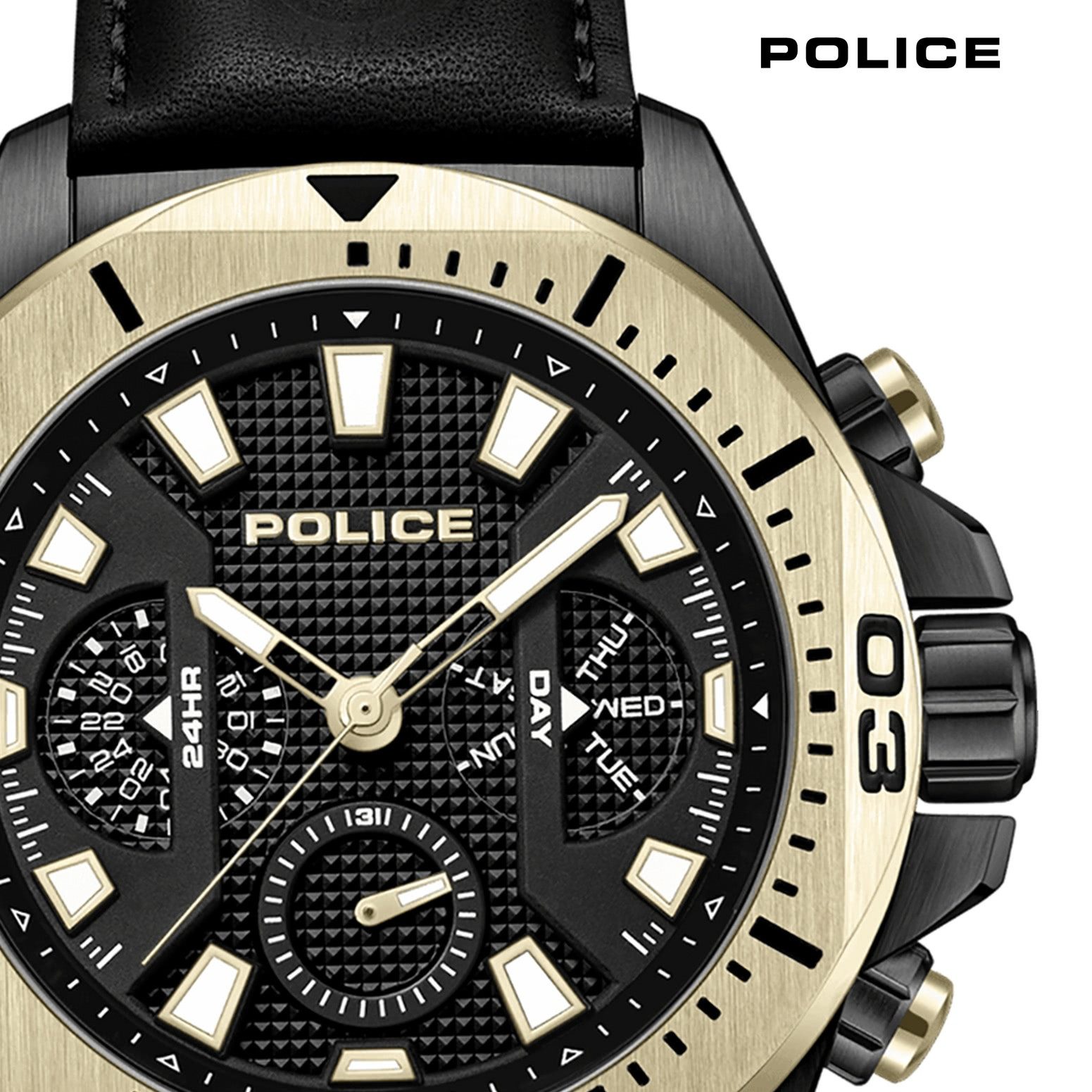 Police Quarzuhr Police Herrenuhr Leder schwarz, Herrenuhr rund, extra groß (ca. 46x54mm) Lederarmband, Luxus-Style