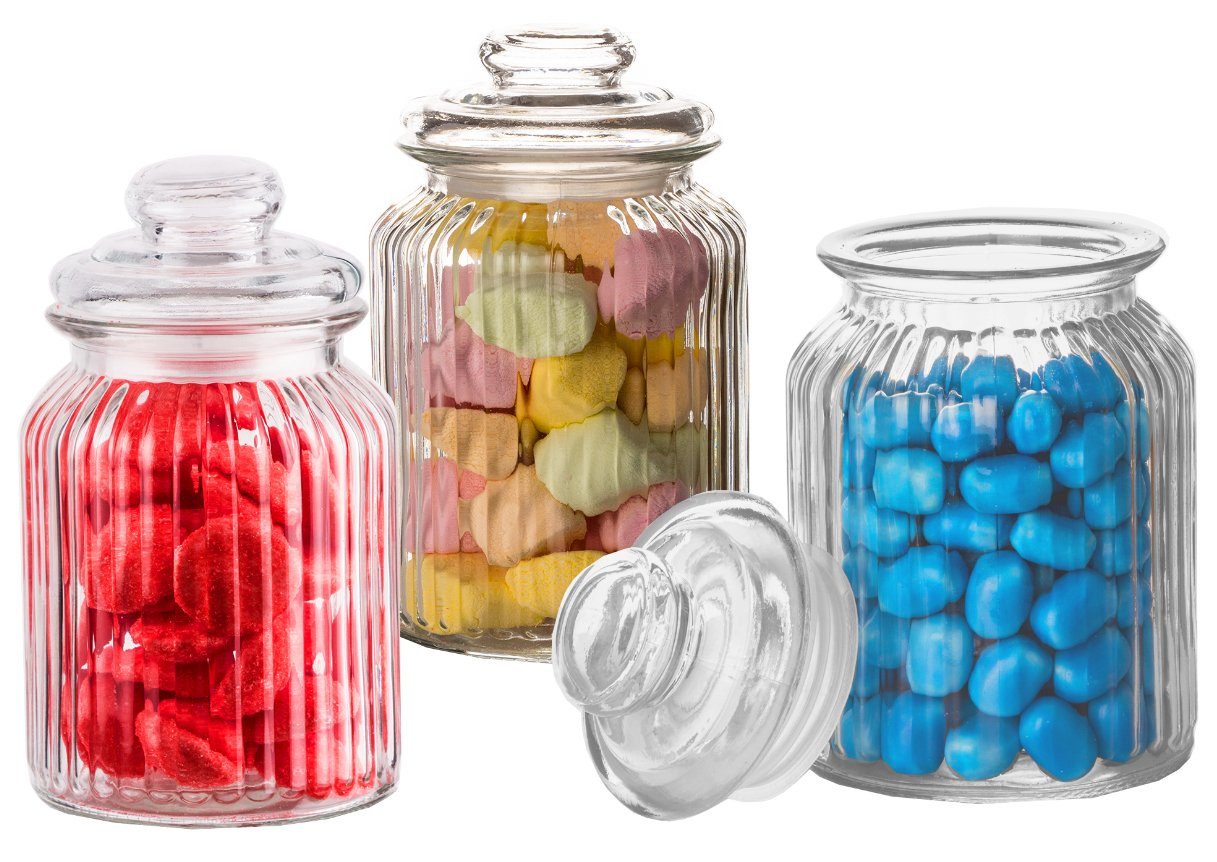BigDean Einmachglas Vorratsgläser mit Deckel Bonbonglas Süßigkeiten Kräuter, Glas, (Set, 3-tlg., Bonbonniere/n), Gummidichtung, Vintage Design, Spülmaschinenfest (Deckel Handspülen)