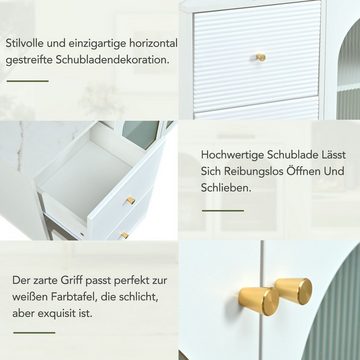 OKWISH Sideboard Schrank mit 2 Türen und 2 Schubladen, 120 cm langes weiß-goldenes Sideboard, Anrichte mit Glas
