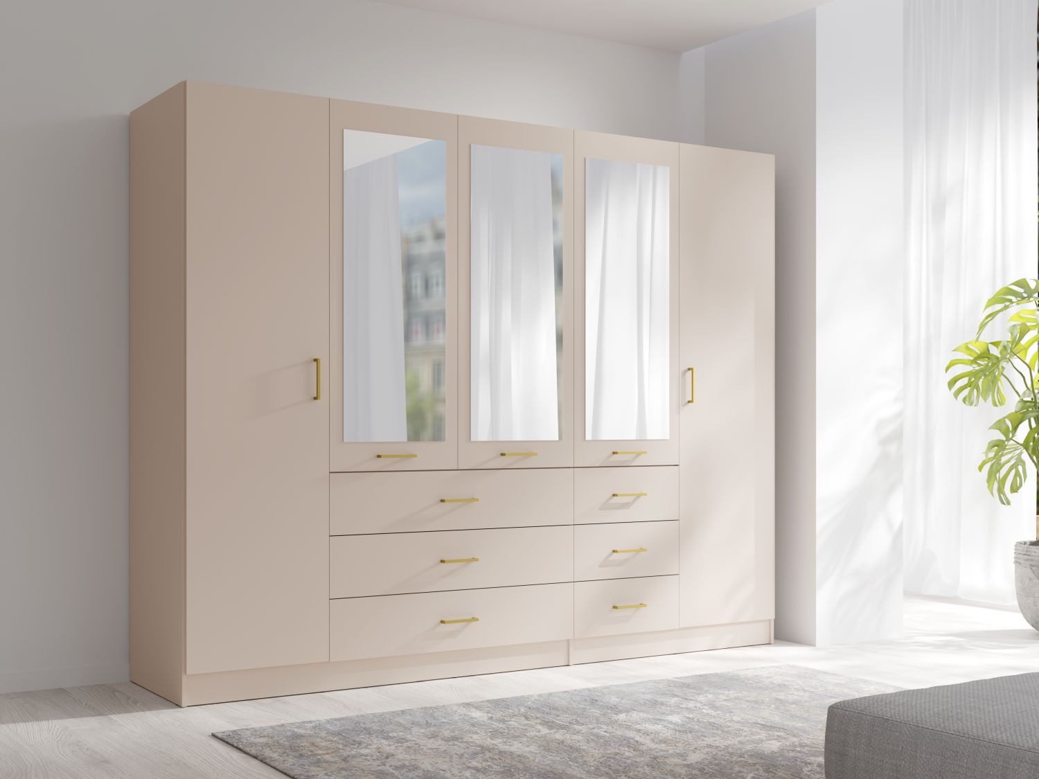 Lukas Möbel Kleiderschrank Drehtürenschrank Kleiderschrank Konos Schrank weiss o. beige mit Schubladen, Spiegel, weiss oder beige