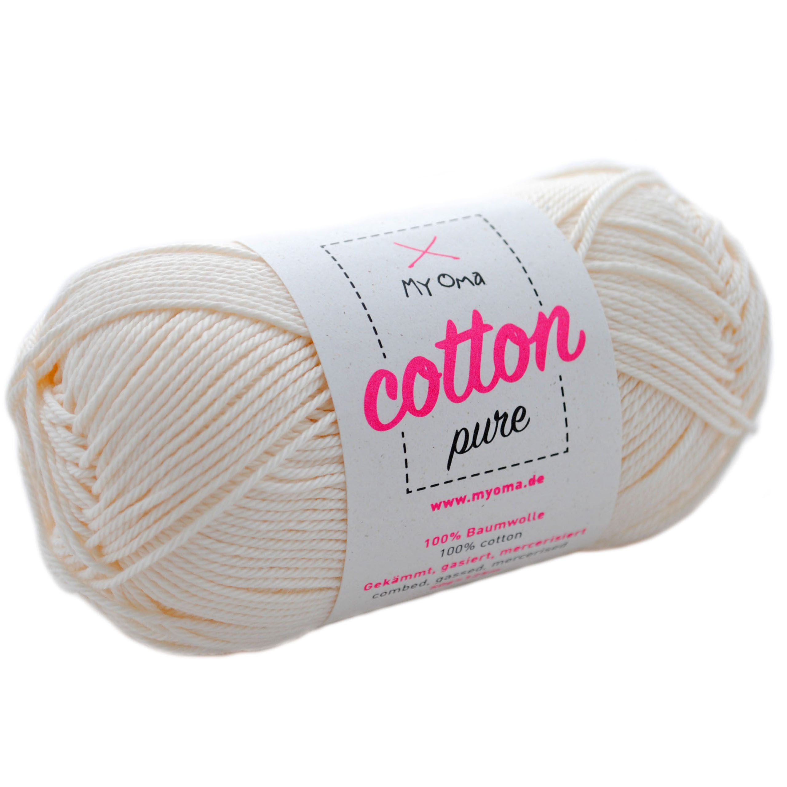MyOma Baumwolle Cotton pure - Strick- und Häkelwolle, 125,00 m (50g, 1-St., zum Stricken und Häkeln, Wolle zum Handarbeiten, reine Baumwolle), in 32 Farben, 50g, Lauflänge 125m; Nadelstärke: 2,2-3,5mm; 4-fädig