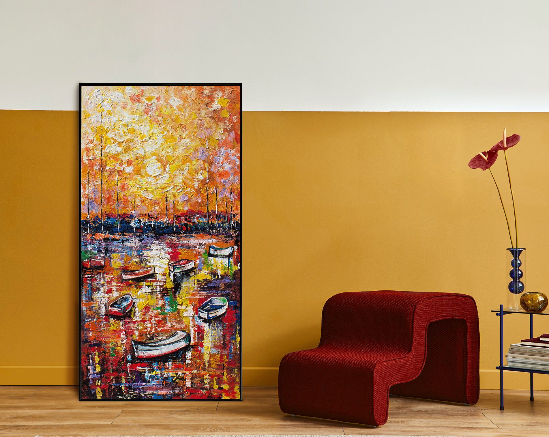 Segelboote Wasser Hafen Hafen, Schwarz Landschaft, in Mit Rahmen YS-Art Orange Rot Gemälde Bunt