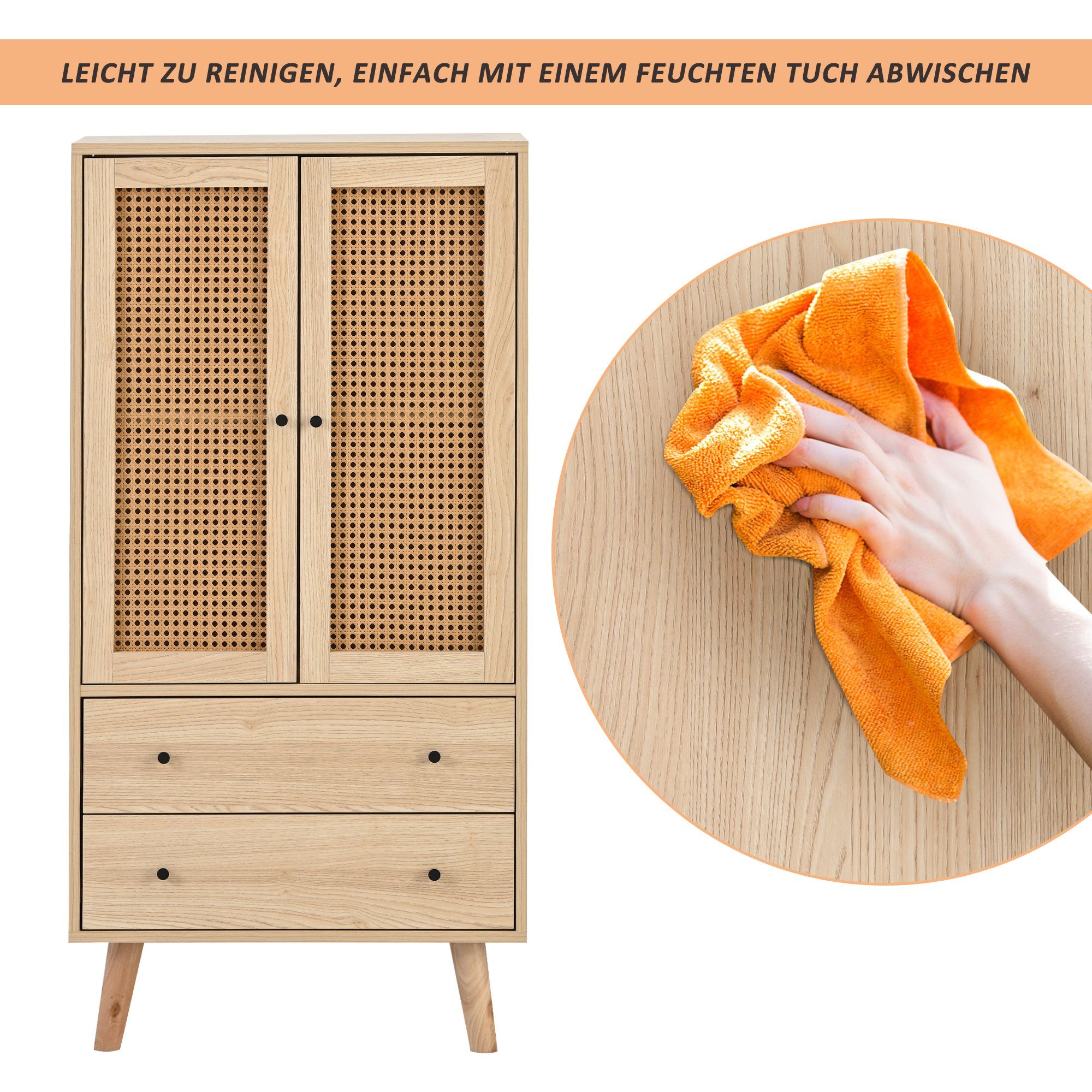 Flieks Kommode, Sideboard mit 2 Schubladen und 2 Türen Rattan 60x40x120cm