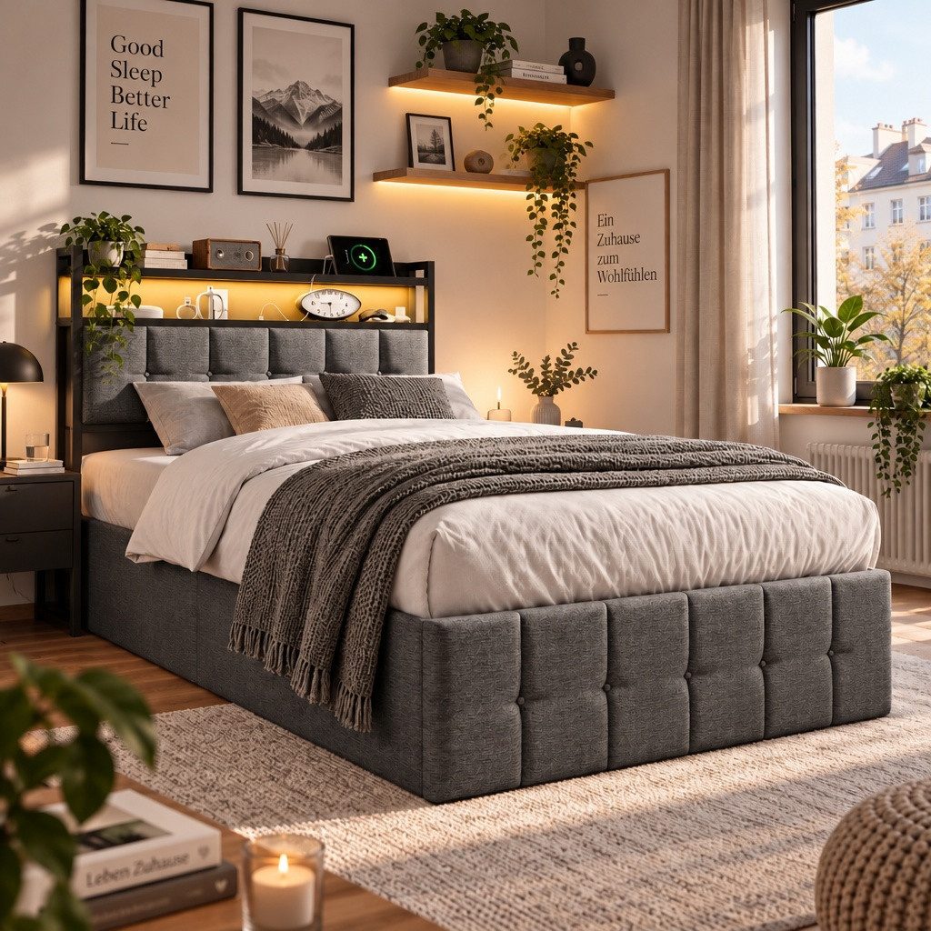 Furnishings Home Polsterbett 90x200 cm, LED Stauraumbett Jugendbett (1-tlg., Leinenmaterial, Komforthöhe, Leises Design Bett), Mit …