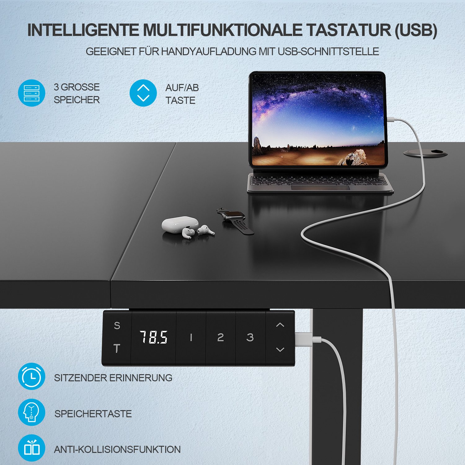 HOMALL Schreibtisch Höhenverstellbarer Schreibtisch mit 3 Höhen-Speicherfunktionen (Mehrere GrdBen 120/140/160/180/200 cm mit 1 USB-Ladanschlus Tischplate mit einerTiefe von 8 cm Der Tisch besteht aus ver Tischplatten)