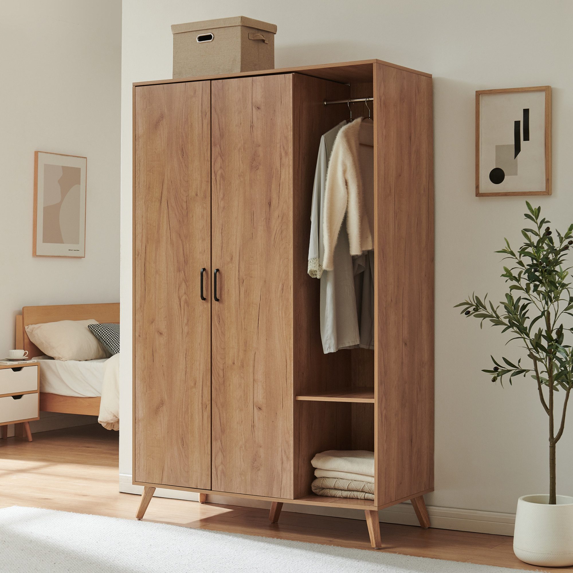 en.casa Kleiderschrank »Norg« 191 x 120 x 52 cm 2 Türen 1 Stange 5 Fächer Eicheoptik