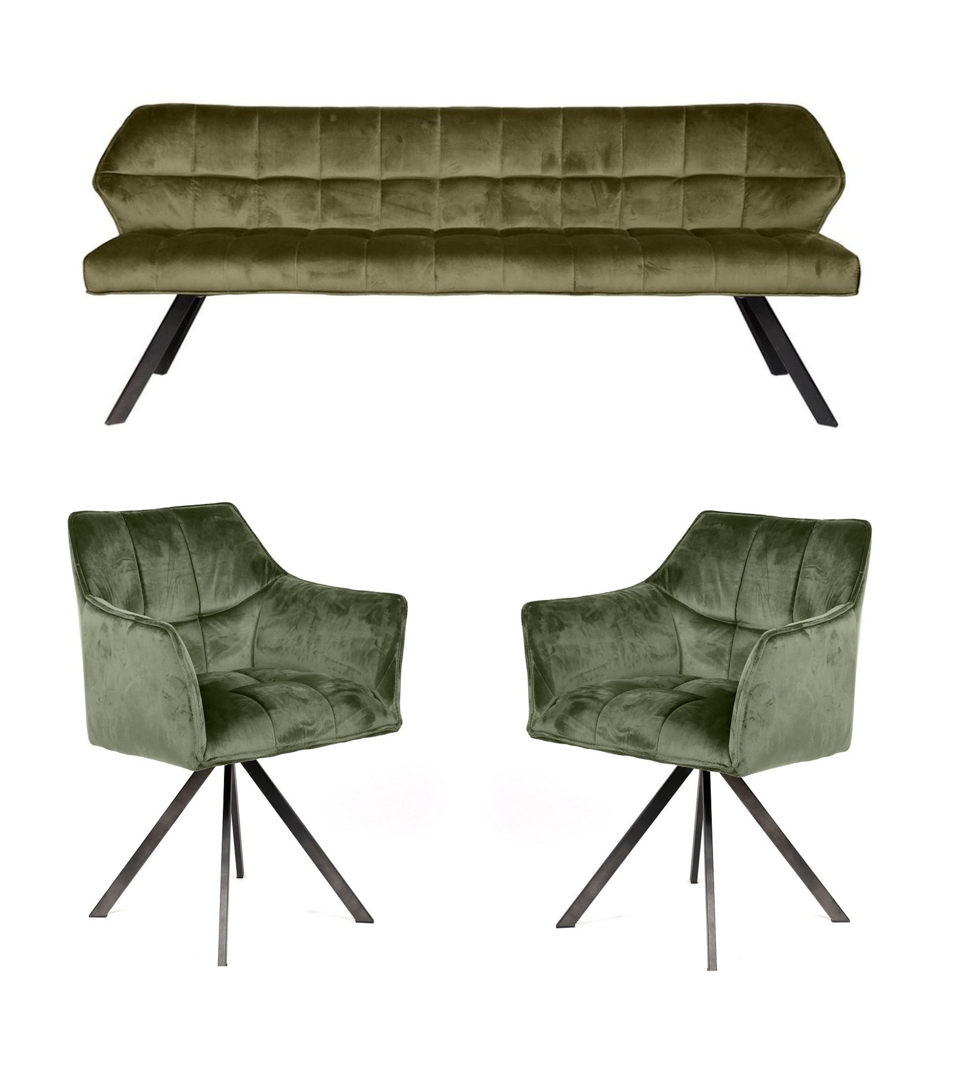 Vintagehaus Polsterbank Set Esstischbank Raster + 2 Armlehnstühle Samt oder Strukturstoff (3 teiliges Set), Frei im Raum aufstellbar