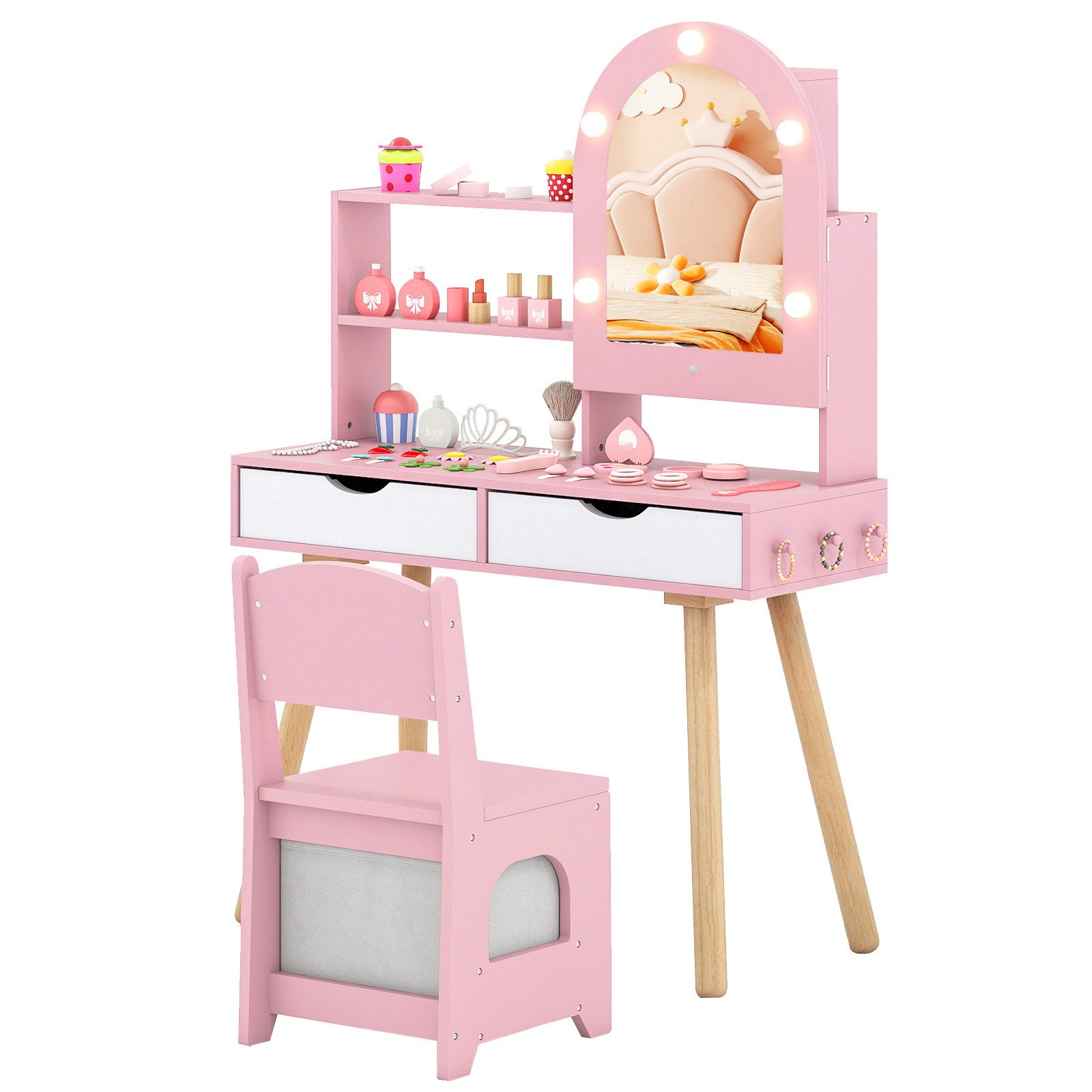 COSTWAY Schminktisch, Kinderschminktisch-Set mit Spiegel mit 3-Farbbeleucht günstig online kaufen