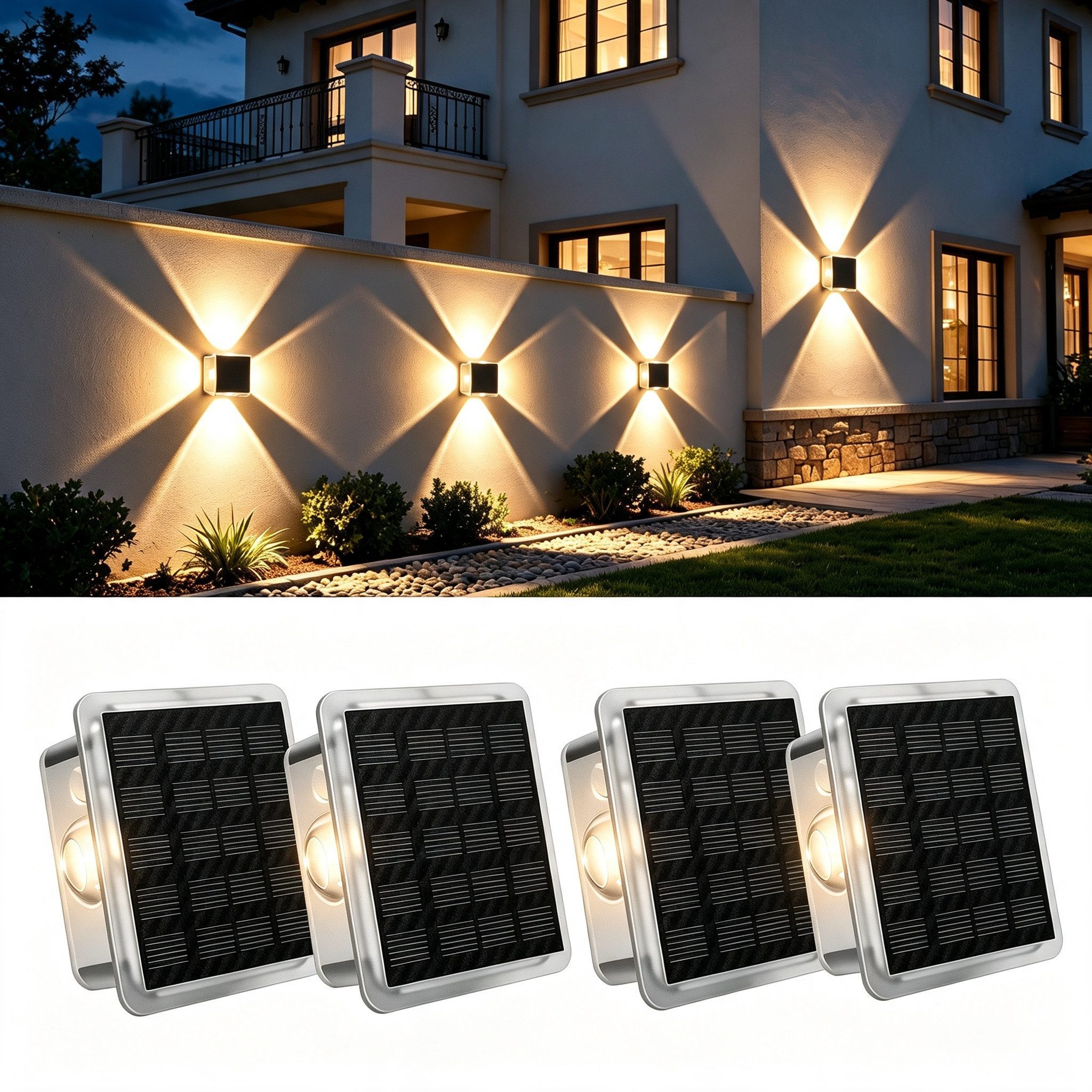 Vornix LED Außen-Wandleuchte Solar nfür, Up and Down Solarlampen für Außen Wand, 2/4 Stück, IP66 Wasserdicht, 4 LEDs, 8 Farbmodi Solarleuchten für Garten Hof Terrassen Balkone Veranden