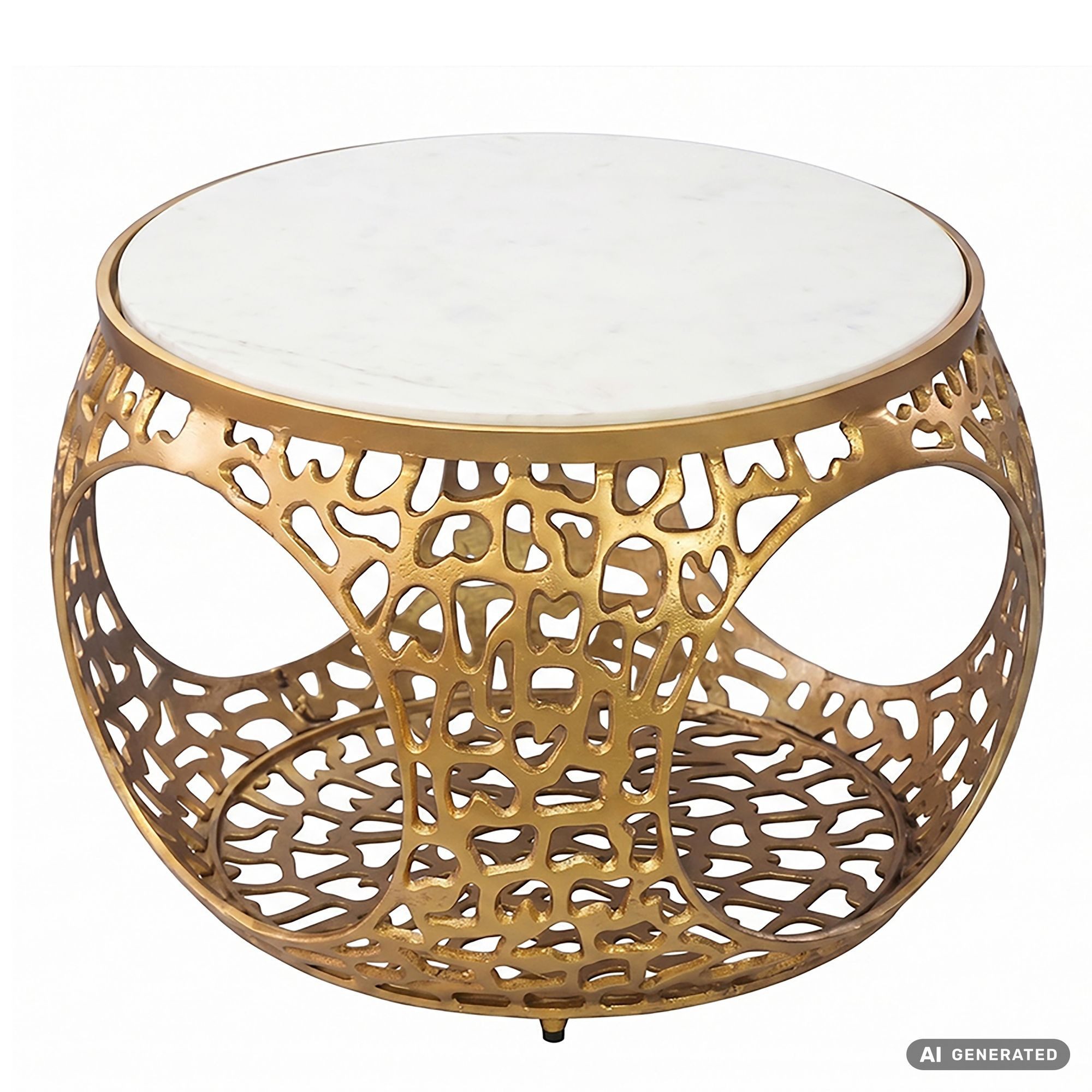 Wohnling Couchtisch WL7.351 Sofatisch Marmor Wohnzimmertisch 60cm rund Tisch Stauraum (Edles Möbelstück mit massiver Gesteinsplatte), Bauchiges Metallgestell als Blickfang