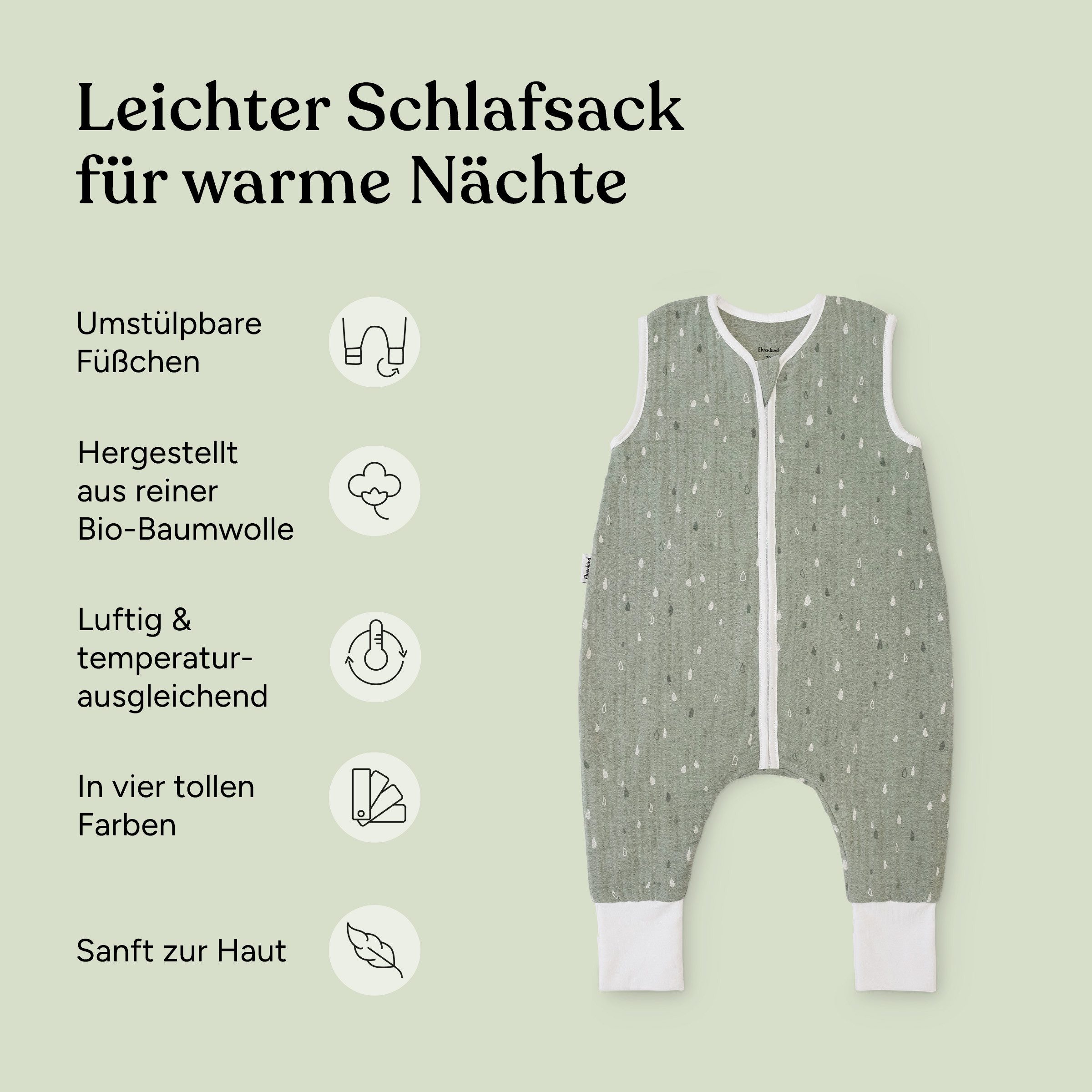 Ehrenkind Babyschlafsack Sommer 0.5 TOG aus Musselin, Premium Schlafsack mit Füßen (100 % Bio-Musselin, ohne Wattierung, leicht & atmungsaktiv), ideal für warme Nächte