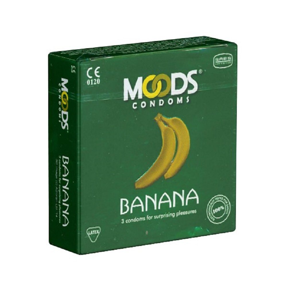 MOODS Condoms Kondome Banana Condoms Packung mit, 3 St., Kondome mit Bananen-Geschmack, Kondome für überraschend sinnliches Vergnügen